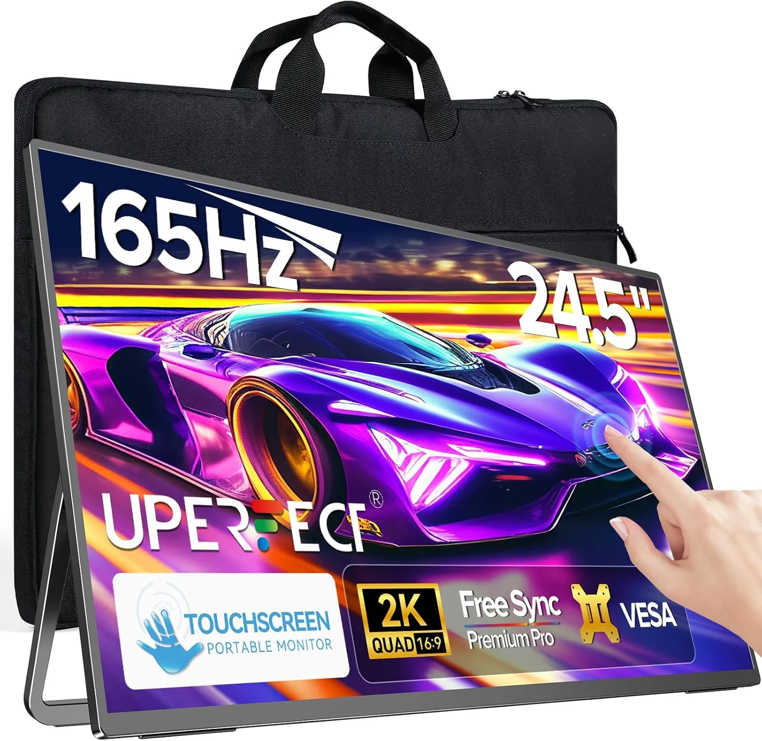 مانیتور قابل حمل لمسی 24.5 اینچی UPERFECT با رزولوشن 2K، نرخ نوسازی 165 هرتز، FreeSync، زمان پاسخگویی سریع 0.1 میلی‌ثانیه، صفحه نمایش بزرگ IPS، دارای پایه قابل تنظیم 180 درجه/VESA، صفحه نمایش دوم USB-C HDMI برای لپ تاپ، تلفن، کنسول بازی