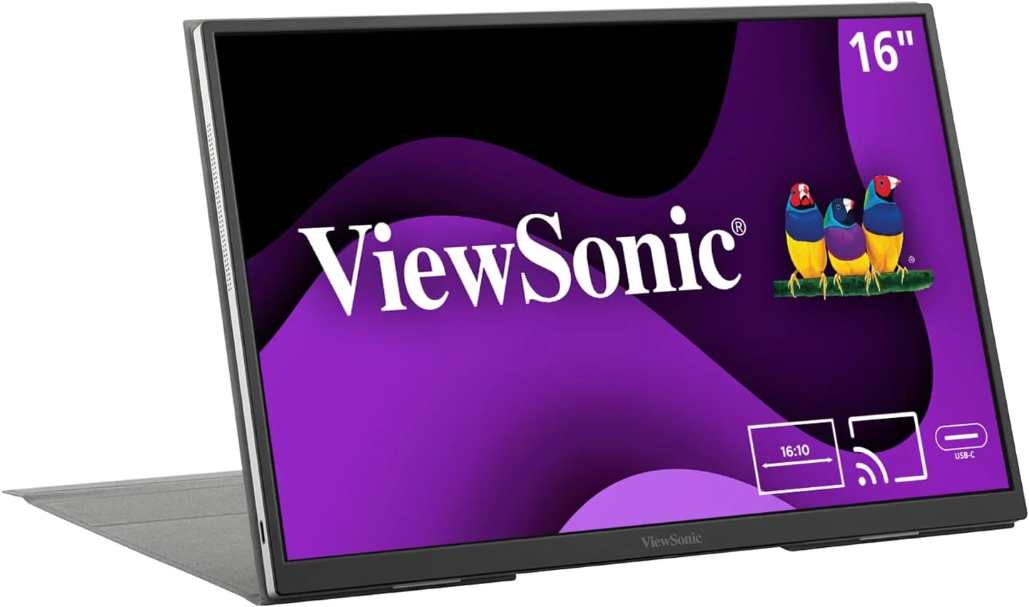 مانیتور قابل حمل 16 اینچی ViewSonic VG1656N با رزولوشن 1200p، پنل IPS، اتصال بی‌سیم، USB C با توان 60 وات، باتری داخلی 4000 میلی آمپر ساعتی و پایه به همراه کاور هوشمند