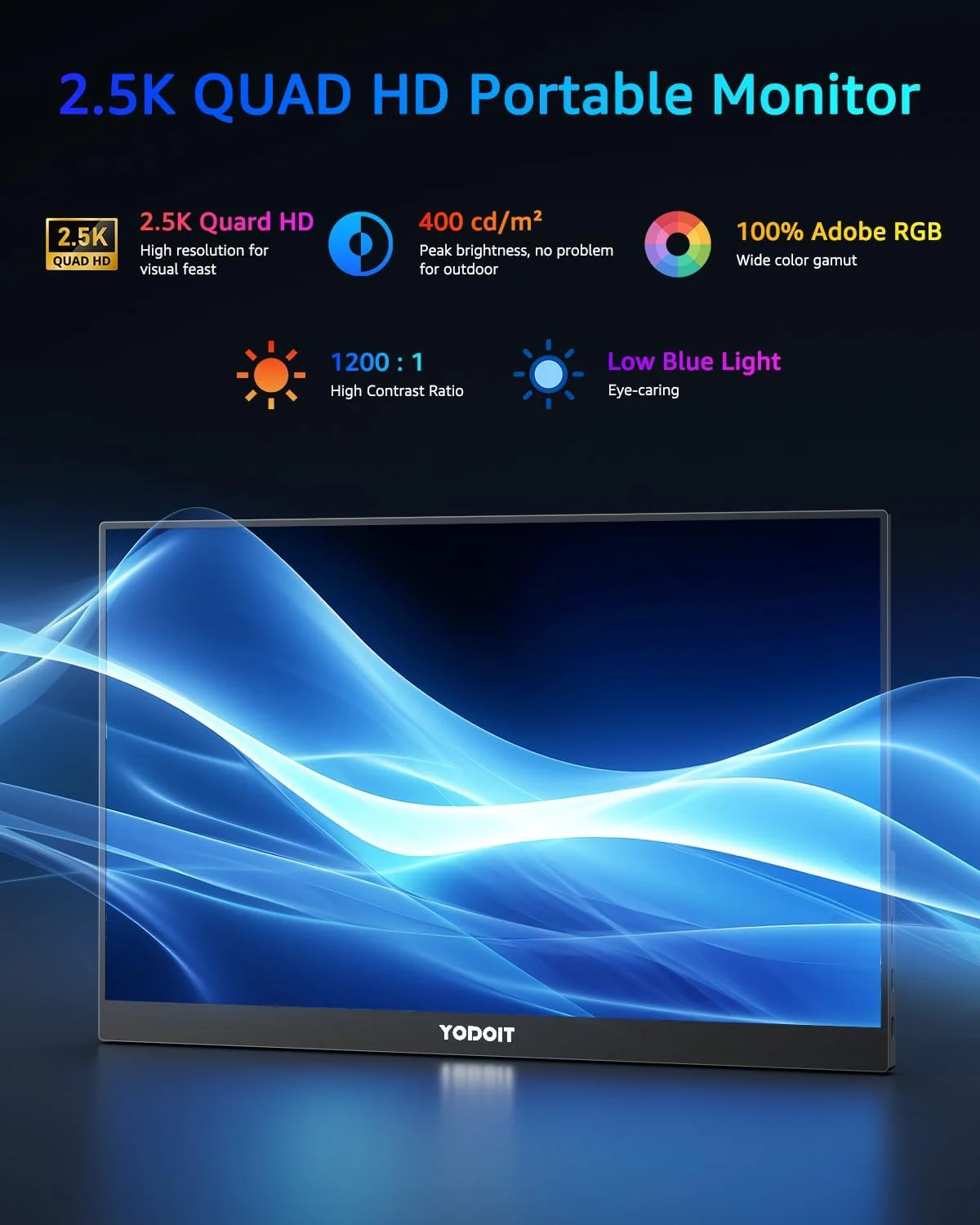 مانیتور قابل حمل 16 اینچی Yodoit با کیفیت 2.5K QHD، نرخ تازه‌سازی 120 هرتز، پنل IPS، رزولوشن 2560x1600 و نسبت تصویر 16:10، دارای پورت USB Type-C و بلندگوهای داخلی با پوشش هوشمند. سازگار با کامپیوترهای شخصی، لپ‌تاپ‌ها، مک‌بوک‌ها و ایکس‌باکس.