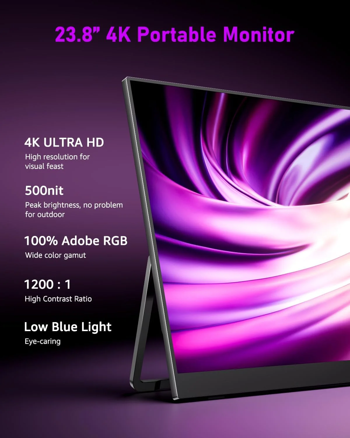 مانیتور قابل حمل Yodoit برای لپ تاپ 23.8 اینچ 4K UHD، صفحه نمایش IPS با پورت USB Type C و بلندگوهای داخلی به همراه کاور، سازگار با PC و Xbox - مشکی