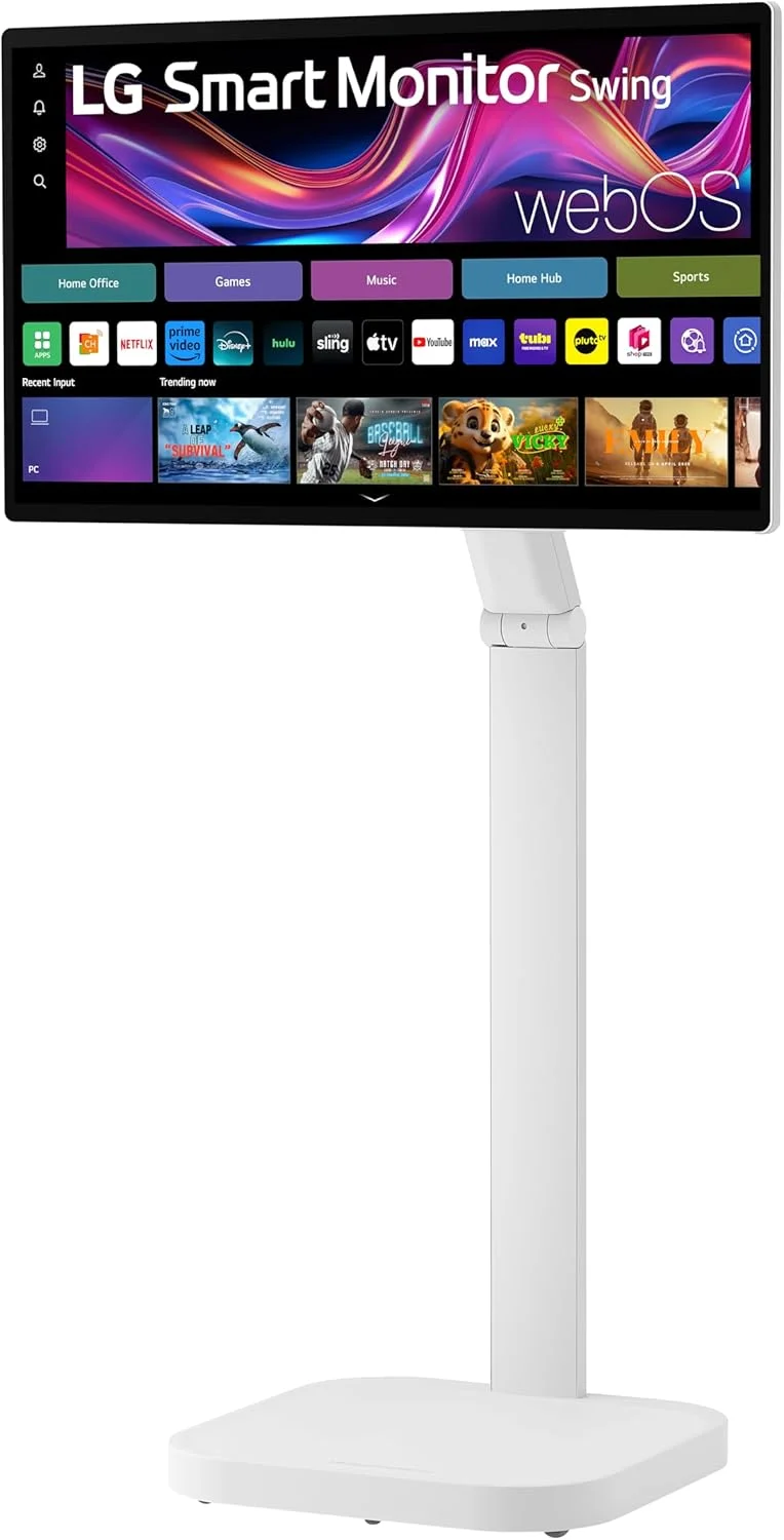 مانیتور هوشمند ال‌جی Swing مدل 32U889SA-W سایز 32 اینچ 4K UHD (3840x2160) IPS با صفحه لمسی و پایه چرخ‌دار قابل تنظیم، HDR10، webOS، بلندگوی داخلی، HDMI، USB Type-C، قابلیت چرخش/تنظیم ارتفاع/شیب/چرخش، سفید