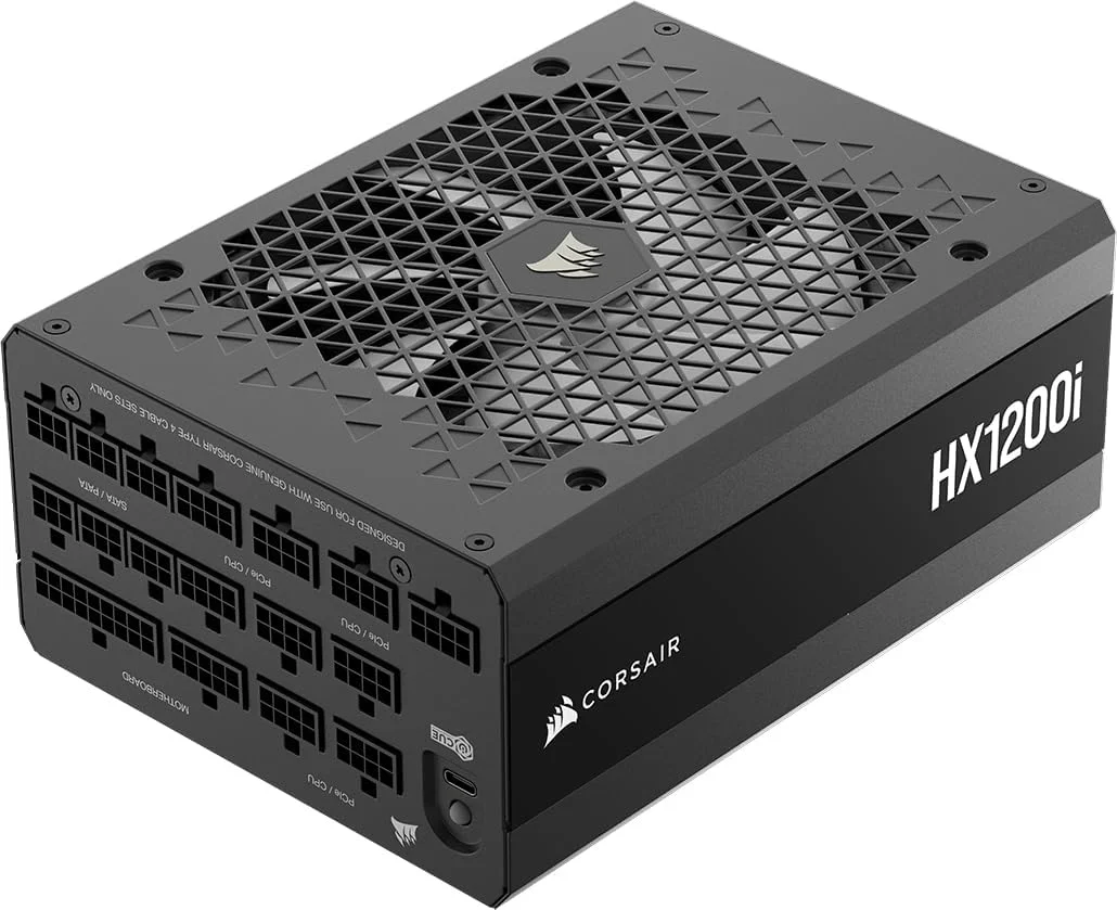 منبع تغذیه کامپیوتر کرسیر HX1200i (2025) کاملاً ماژولار با نویز فوق‌العاده کم و کابل 12V-2x6 – سازگار با ATX 3.1 و PCIe 5.1، راندمان پلاتینیوم Cybenetics، فن با بلبرینگ دینامیکی سیال – مشکی