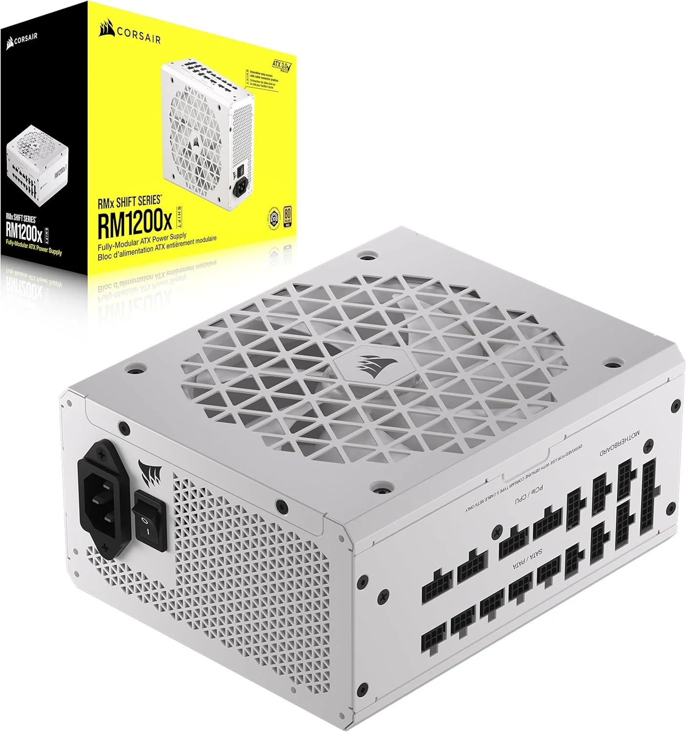 منبع تغذیه کامپیوتر کرسیر RM1200x Shift، کاملاً ماژولار، ATX، دارای گواهینامه 80 Plus Gold، ATX 3.0، PCIe 5.0، عملکرد Zero RPM، رابط جانبی ماژولار - سفید