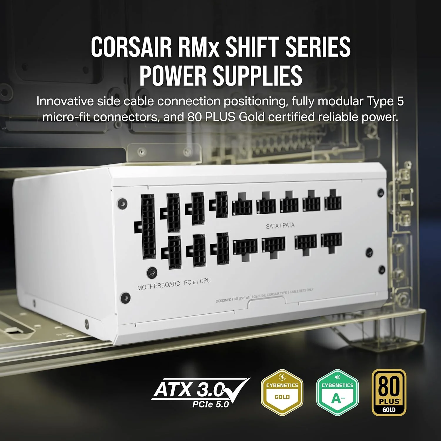 منبع تغذیه کامپیوتر کرسیر RM1200x Shift، کاملاً ماژولار، ATX، دارای گواهینامه 80 Plus Gold، ATX 3.0، PCIe 5.0، عملکرد Zero RPM، رابط جانبی ماژولار - سفید - تصویر 2