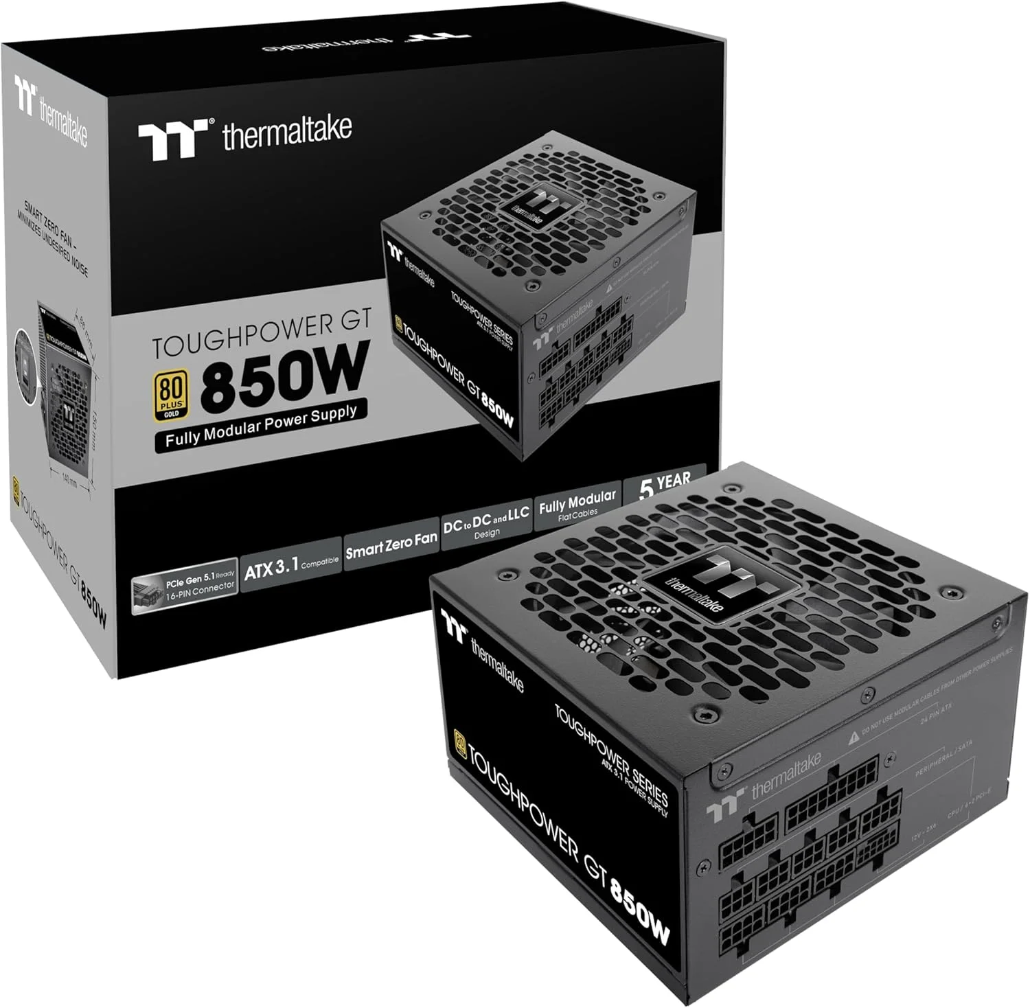 منبع تغذیه ترمالتیک Toughpower GT 850W ATX 3.1 استاندارد: بازدهی 80 پلاس گلد، فن هوشمند Zero، کانکتور بومی 450W PCIe 5.1 - مشکی