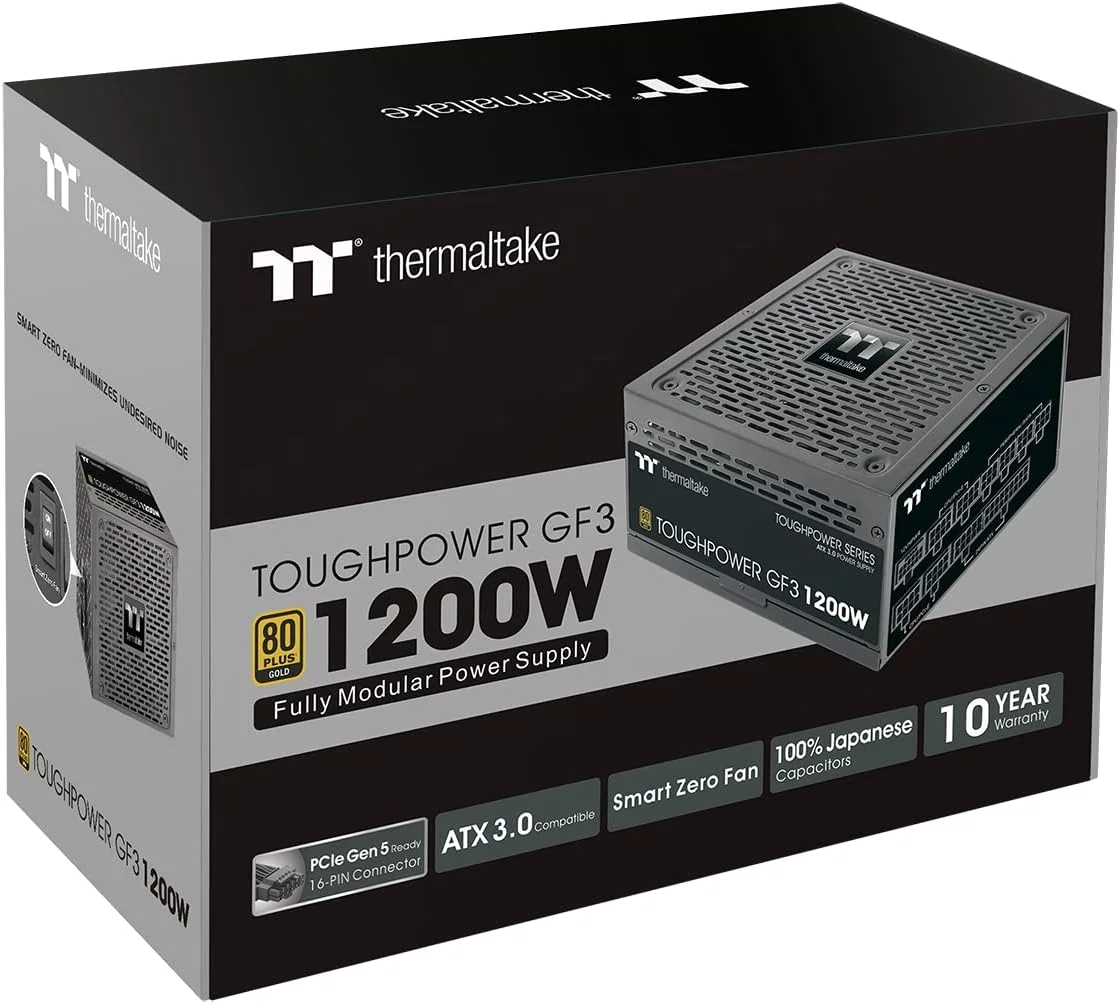 منبع تغذیه ترمالتیک Toughpower GF3 1200W | ATX 3.0 برای کامپیوتر | PCIe Gen 5.0 | 80-Plus Gold | کاملاً ماژولار | فن 140 بی صدا | دارای گواهی EU