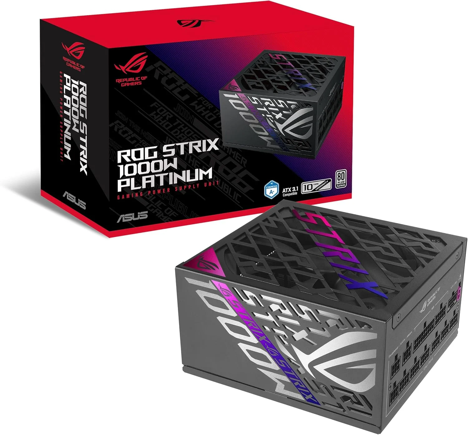 منبع تغذیه 1000 وات پلاتینیوم ایسوس ROG Strix (تمام ماژولار، گواهینامه 80 پلاس پلاتینیوم، ATX 3.1، Cybenetics Lambda A+، GaN MOSFET، تثبیت کننده ولتاژ هوشمند GPU-First، 10 سال)