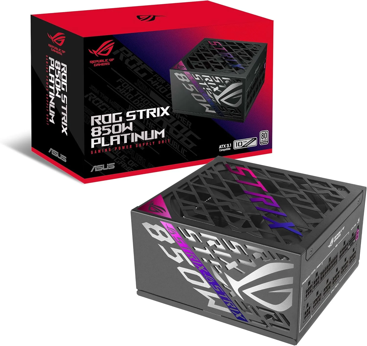 منبع تغذیه 850 واتی ایسوس ROG Strix پلاتینیوم، کاملاً ماژولار، 80+ پلاتینیوم، ATX 3.1، PCIe 5.0، GaN MOSFET، تثبیت کننده ولتاژ هوشمند