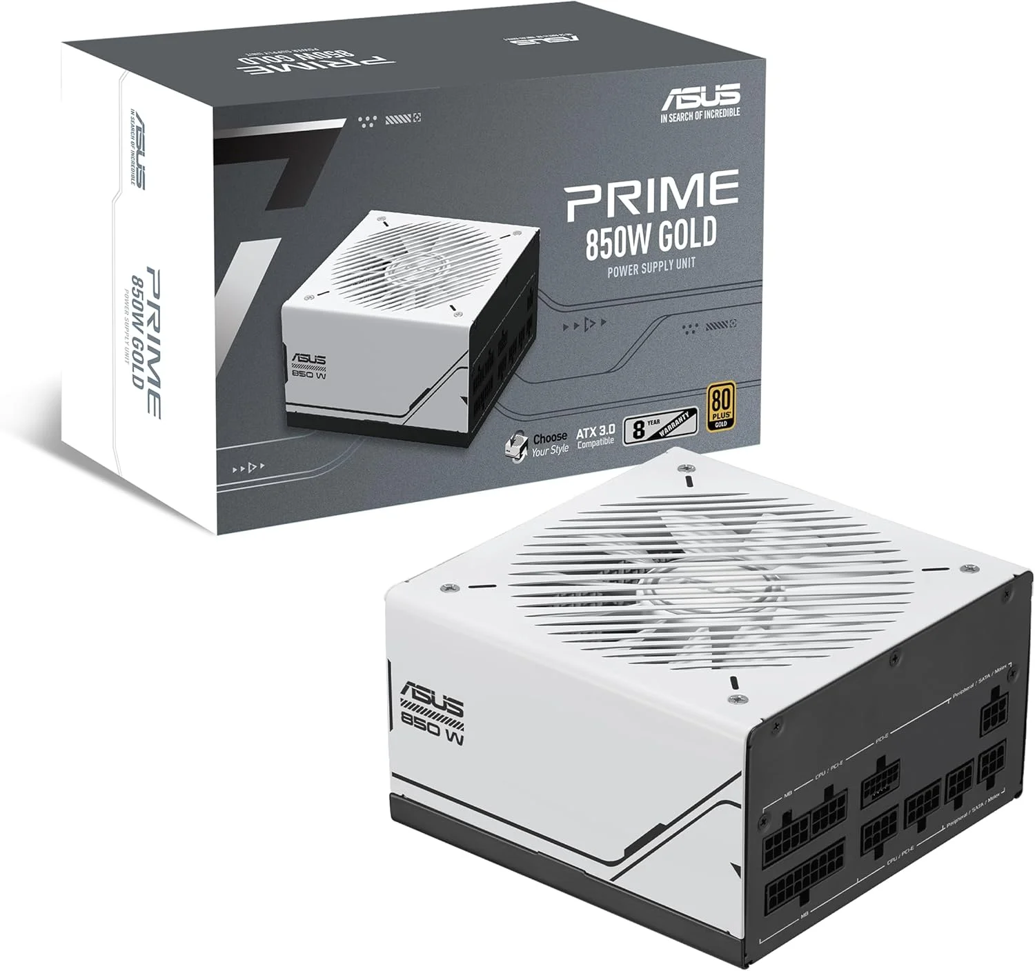منبع تغذیه ایسوس Prime 850W Gold (850 وات، سازگار با ATX 3.0، کاملاً ماژولار، دارای گواهینامه 80+ Gold، بلبرینگ های دوگانه، دو گزینه رنگ در یک)
