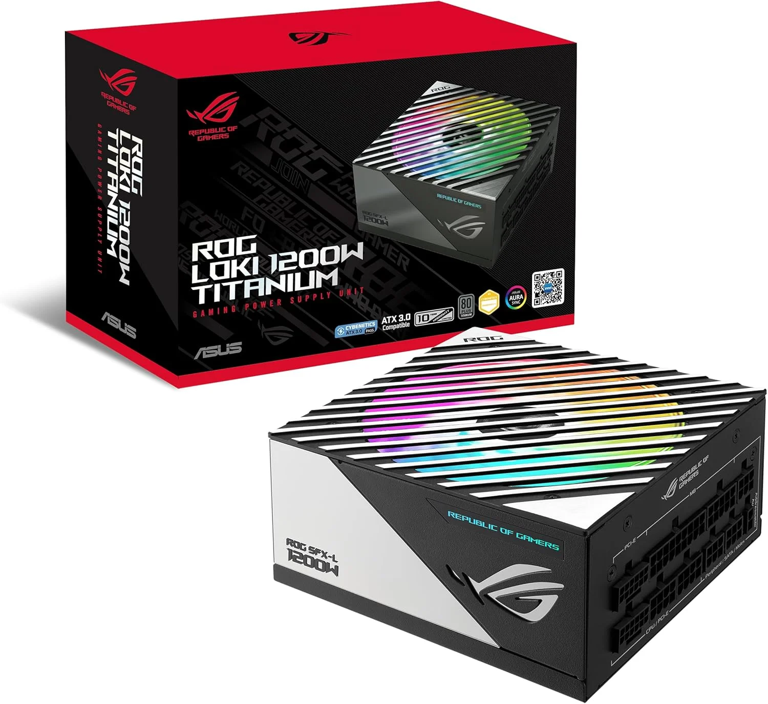 منبع تغذیه 1200 واتی ایسوس ROG Loki SFX-L تیتانیوم (منبع تغذیه کاملاً ماژولار، 80+ تیتانیوم، فن 120 میلی متری PWM ARGB، Aura Sync، سازگار با ATX 3.0، آماده PCIe 5.0، 10 سال)