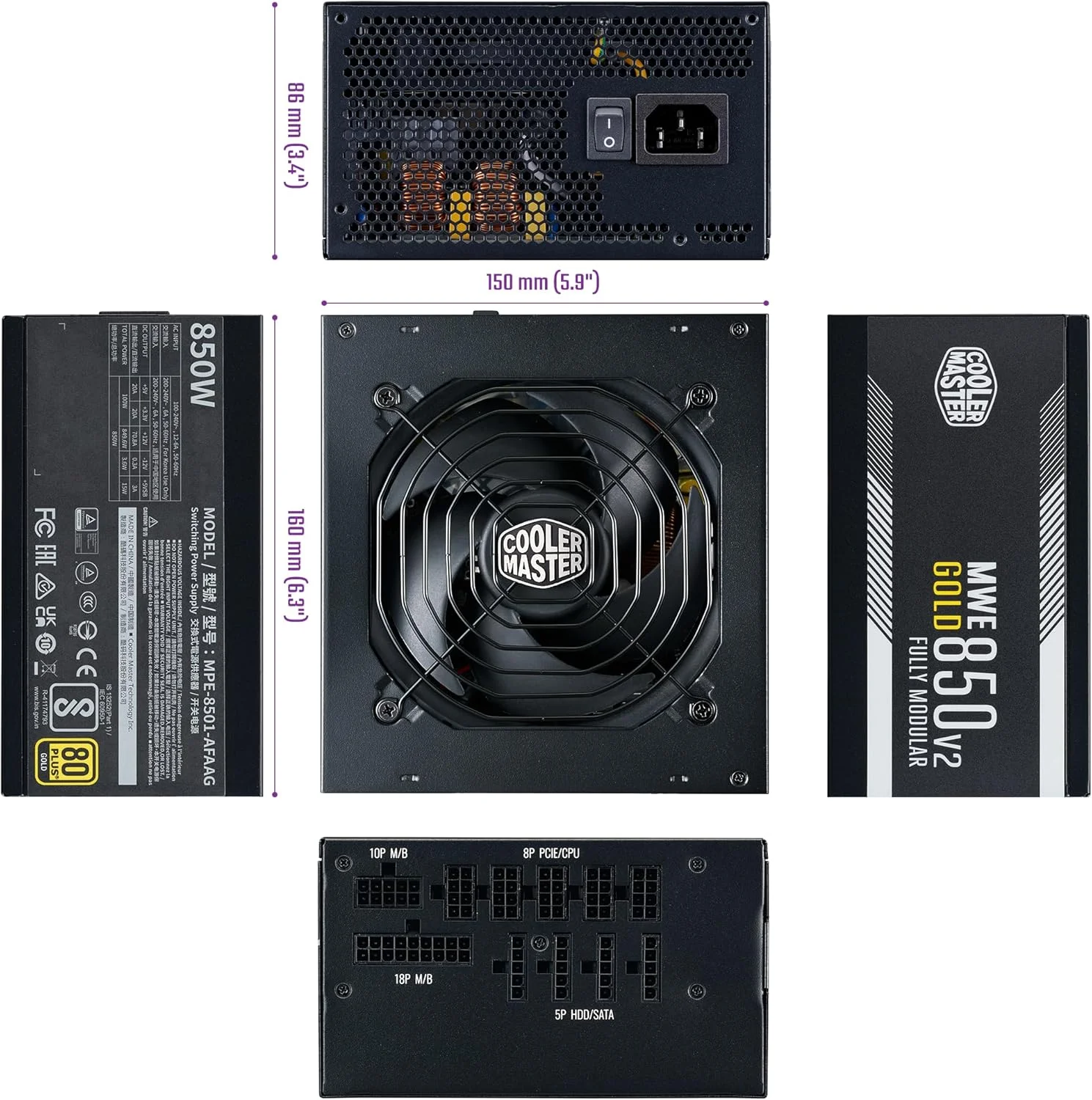 منبع تغذیه کامپیوتر کولر مستر MWE Gold 850 V2 ATX 3.1 تمام ماژولار (دوشاخه UK)، پشتیبانی از ATX 3.1، منبع تغذیه 80 PLUS Gold 850W، کابل کشی PCIe 5.1، فن 120 HDB - تصویر 3 منبع تغذیه کامپیوتر کولر مستر MWE Gold 850 V2 ATX 3.1 تمام ماژولار (دوشاخه UK)، پشتیبانی از ATX 3.1، منبع تغذیه 80 PLUS Gold 850W، کابل کشی PCIe 5.1، فن 120 HDB - تصویر 3