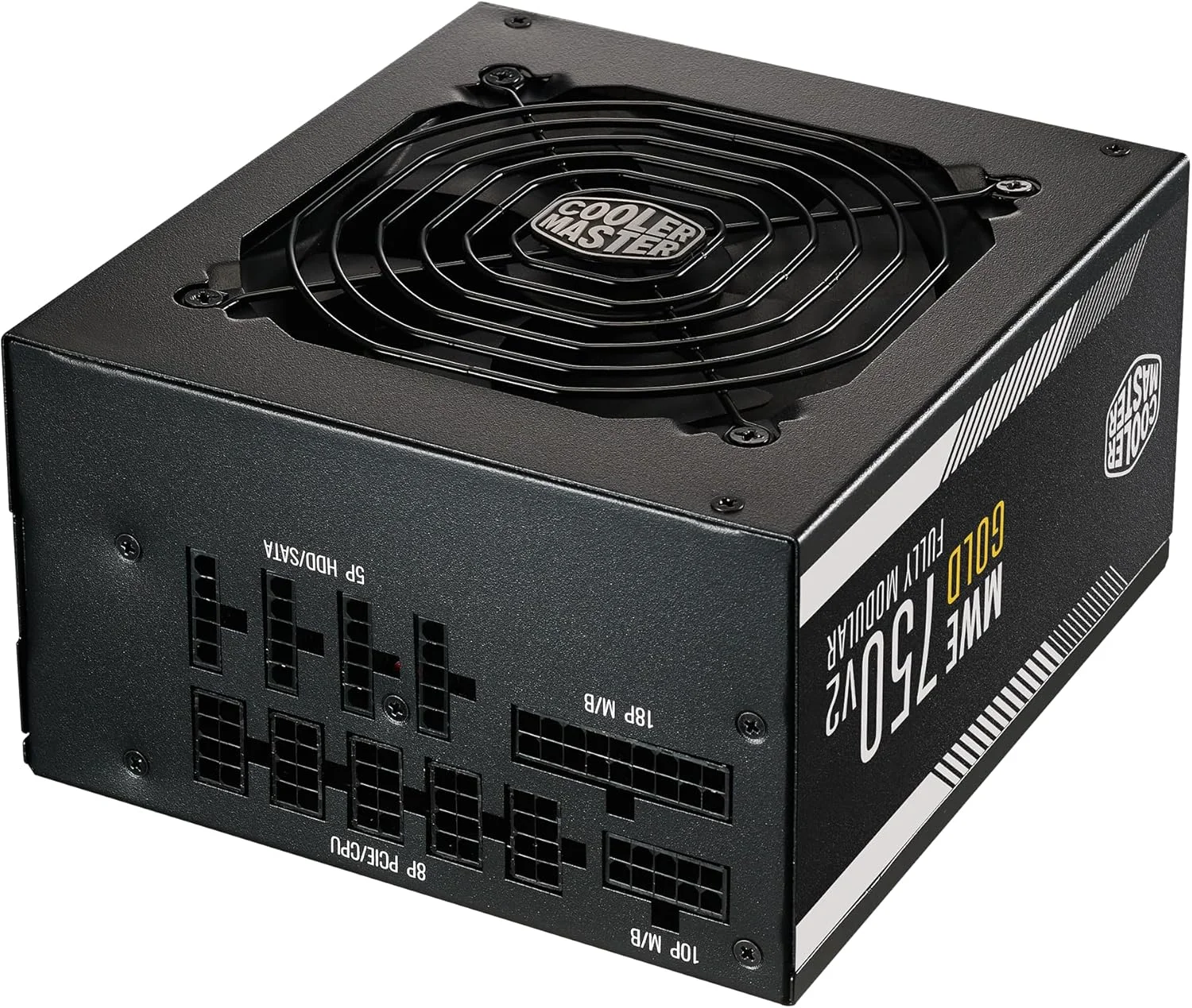 منبع تغذیه کامپیوتر کولر مستر MWE Gold 750 V2 فول ماژولار، 750 وات، راندمان 80+ گلد، 2 کانکتور EPS، فن 120 میلی‌متری HDB، عملکرد نیمه بدون فن، 5 سال 