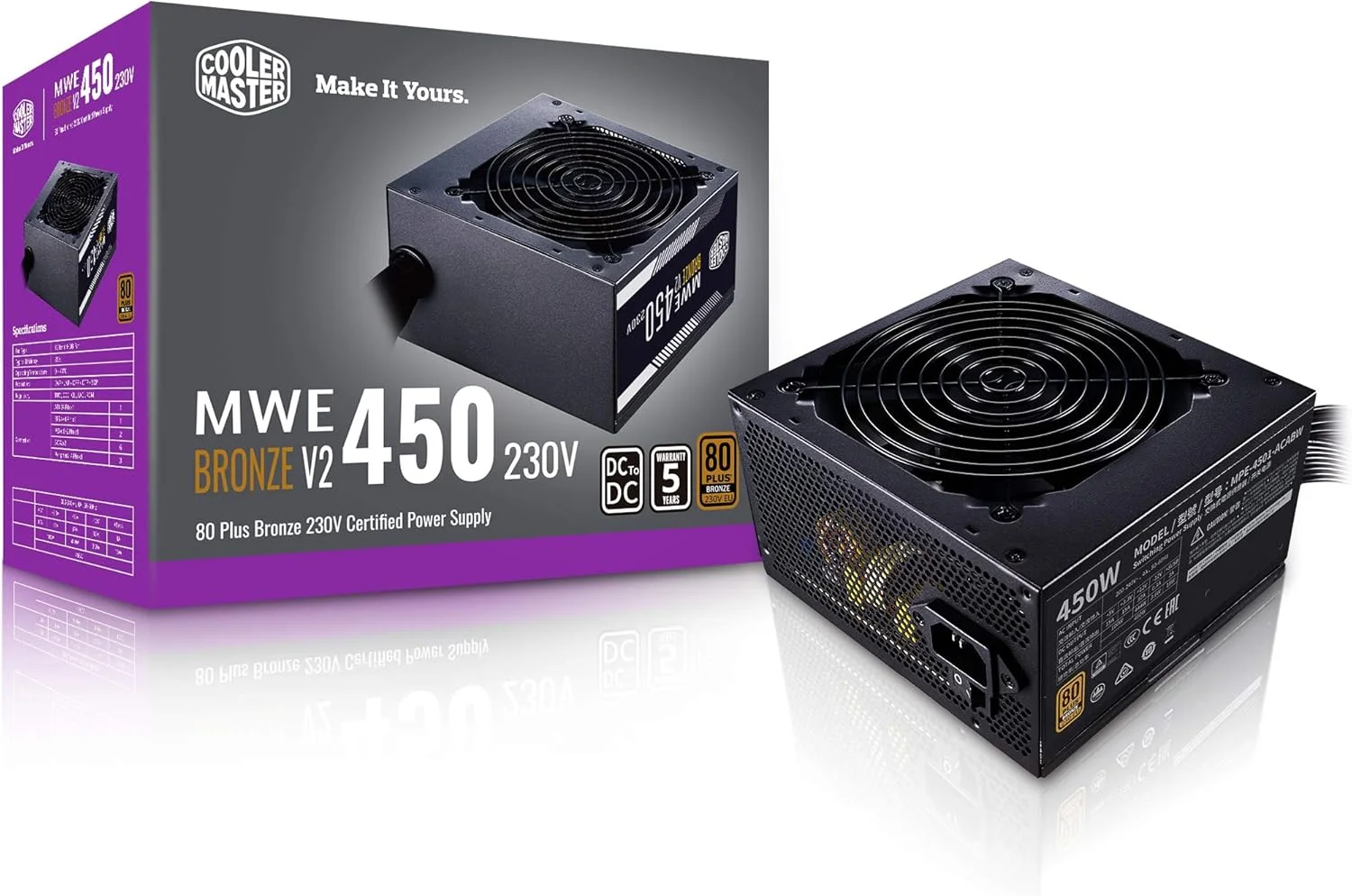 منبع تغذیه کولر مستر MWE 450 Bronze V2 - غیر ماژولار | دارای گواهینامه 80 Plus Bronze | فن 120 میلی متری HDB | طراحی مدار DC-to-DC | نسخه ATX 2.52 | 450 وات