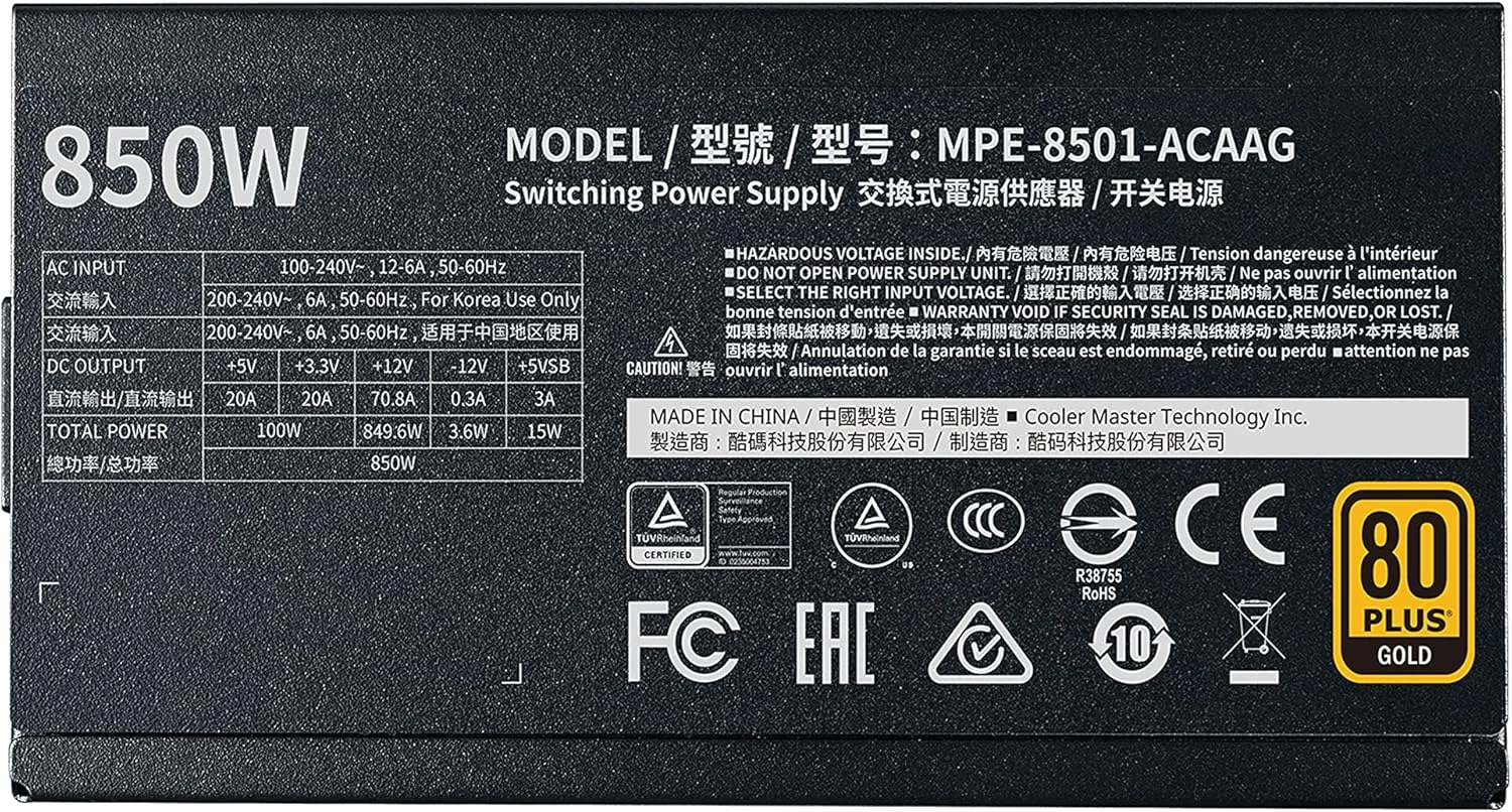 منبع تغذیه کامپیوتر کولر مستر MWE Gold 850 V2 مدل Full Modular با توان 850 وات، 24 پین، ATX، مشکی - تصویر 3 منبع تغذیه کامپیوتر کولر مستر MWE Gold 850 V2 مدل Full Modular با توان 850 وات، 24 پین، ATX، مشکی - تصویر 3