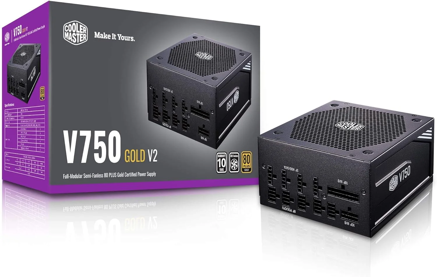 منبع تغذیه کامپیوتر کولر مستر V750 Gold V2 فول ماژولار، 750 وات، راندمان 80+ گلد، عملکرد نیمه بدون فن، کابل های PCIe با راندمان بالا 16AWG