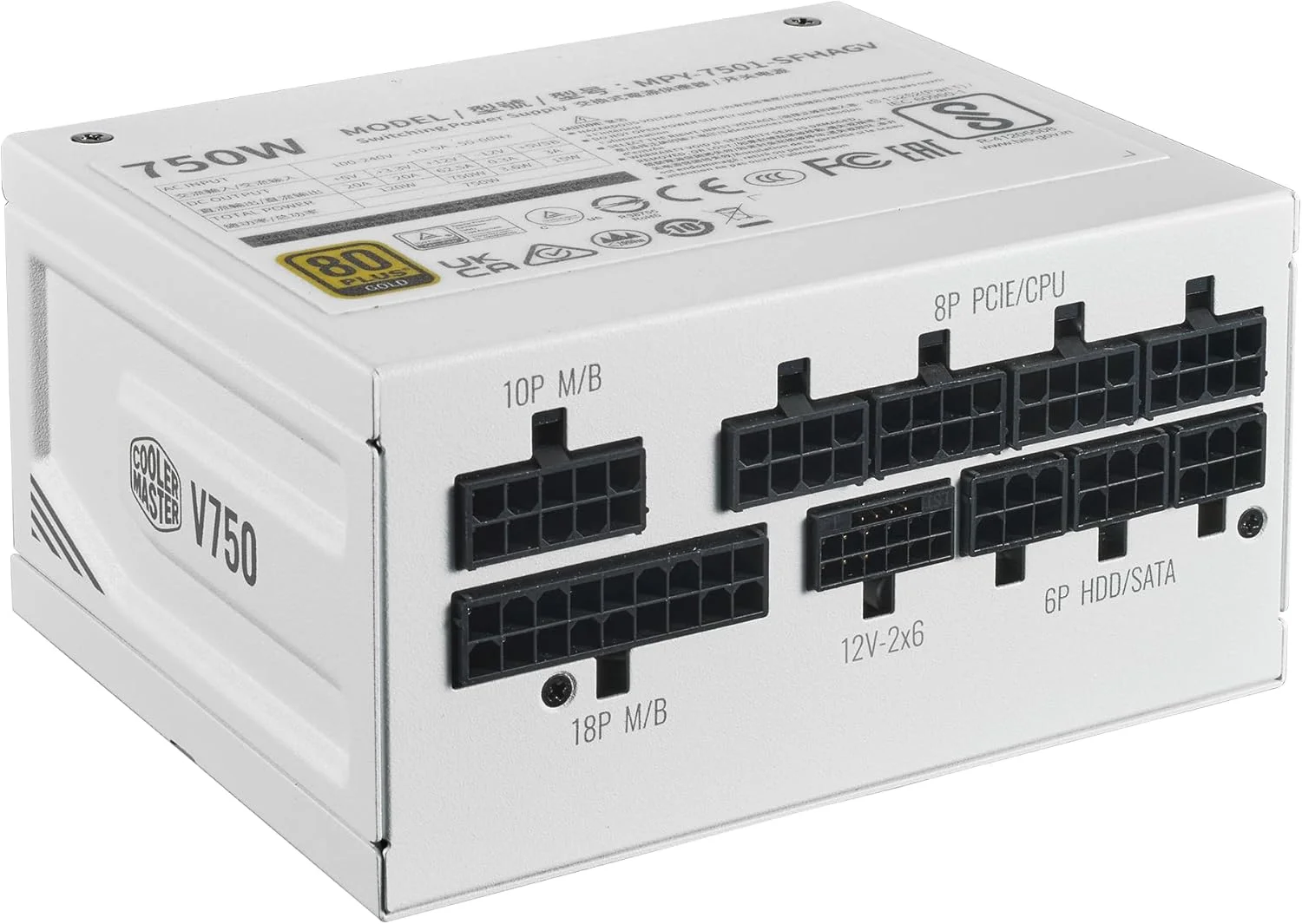 منبع تغذیه کامپیوتر کولر مستر V750 SFX Gold White Edition تمام ماژولار، 750 وات، راندمان 80+ گلد، شامل براکت ATX، فن FDB بی صدا، فرم فاکتور SFX