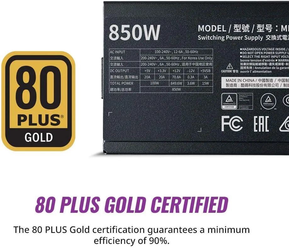منبع تغذیه کولر مستر MWE 850 Gold V2 - کاملاً ماژولار | دارای گواهینامه 80 Plus Gold | فن 120 میلی متری HDB | طراحی مدار DC-to-DC | 2 کانکتور EPS | 850 وات - تصویر 2