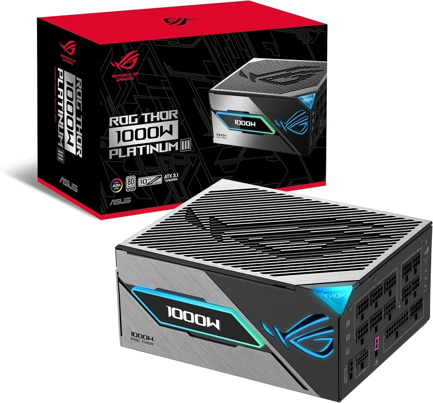 منبع تغذیه 1000 واتی ایسوس ROG Thor Platinum III: ماسفت GaN، تثبیت کننده ولتاژ هوشمند، گواهینامه 80 PLUS Platinum، آماده برای PCIe Gen 5.1، بلبرینگ های دوگانه فن، نمایشگر OLED مغناطیسی - مشکی