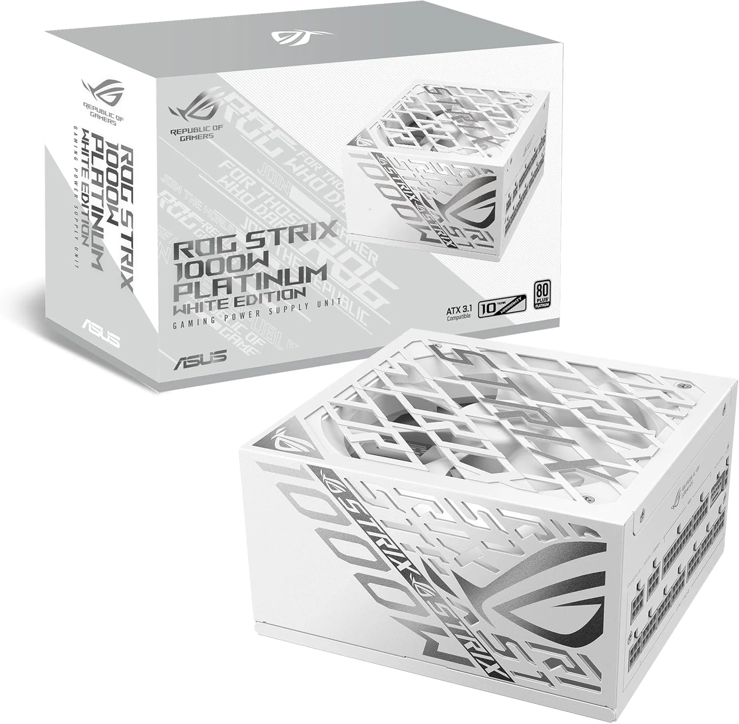 منبع تغذیه 1000 واتی ایسوس ROG Strix پلاتینیوم سفید، کاملاً ماژولار، 80+ پلاتینیوم، ATX 3.1، PCIe 5.0، GaN MOSFET، تثبیت کننده ولتاژ هوشمند