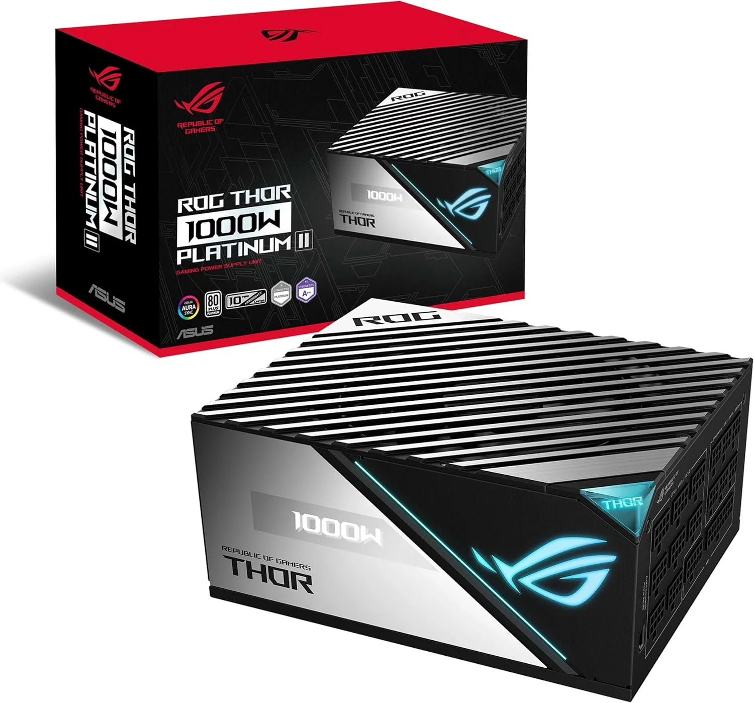 منبع تغذیه کامپیوتر ایسوس ROG Thor 1000W Platinum II کاملاً ماژولار با توان 1000 وات، 80+ پلاتینیوم، هیت سینک های ROG، فن 135 میلی متری، حالت 0dB، نمایشگر OLED، Aura Sync