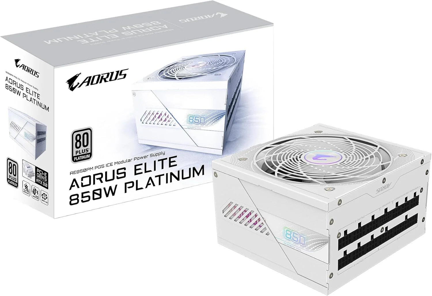 منبع تغذیه 850 واتی GIGABYTE AORUS Elite Ice، منبع تغذیه سوییچینگ مخصوص بازی کامپیوتر 12 ولت، PCIe 5.0، دارای گواهینامه 80 Plus Platinum، طراحی کاملاً ماژولار، فن 120 میلی متری، سازگار با ATX 3.0، دوشاخه EU