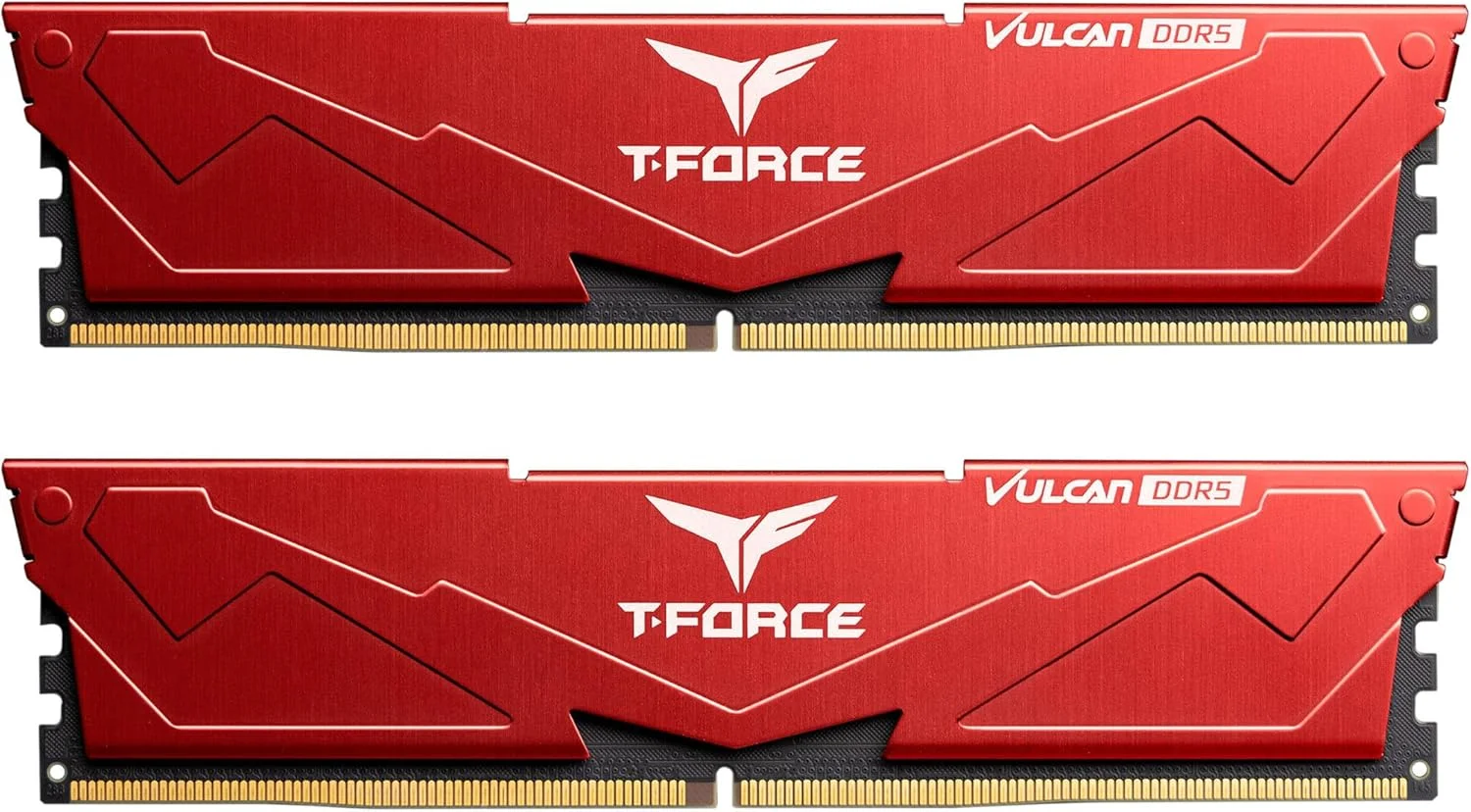 رم دسکتاپ TEAMGROUP T-Force Vulcan DDR5 64GB (2x32GB) 6400MHz (PC5-51200) CL34 مناسب چیپست های سری 600 و 700 XMP 3.0 قرمز مدل FLRD564G6400HC34EDC01