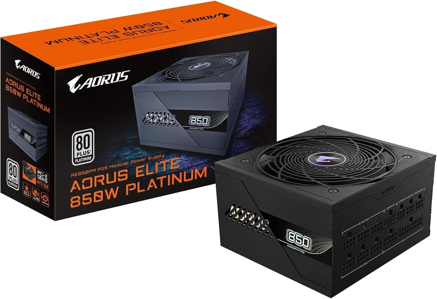 منبع تغذیه 850 واتی گیگابایت AORUS ELITE P850W دارای گواهینامه 80 پلاس پلاتینیوم، کاملا ماژولار، PCIe 5.0، ATX 3.0، کانکتور 12VHPWR GPU، کابل های فلت، 10 سال خدمات پس از فروش