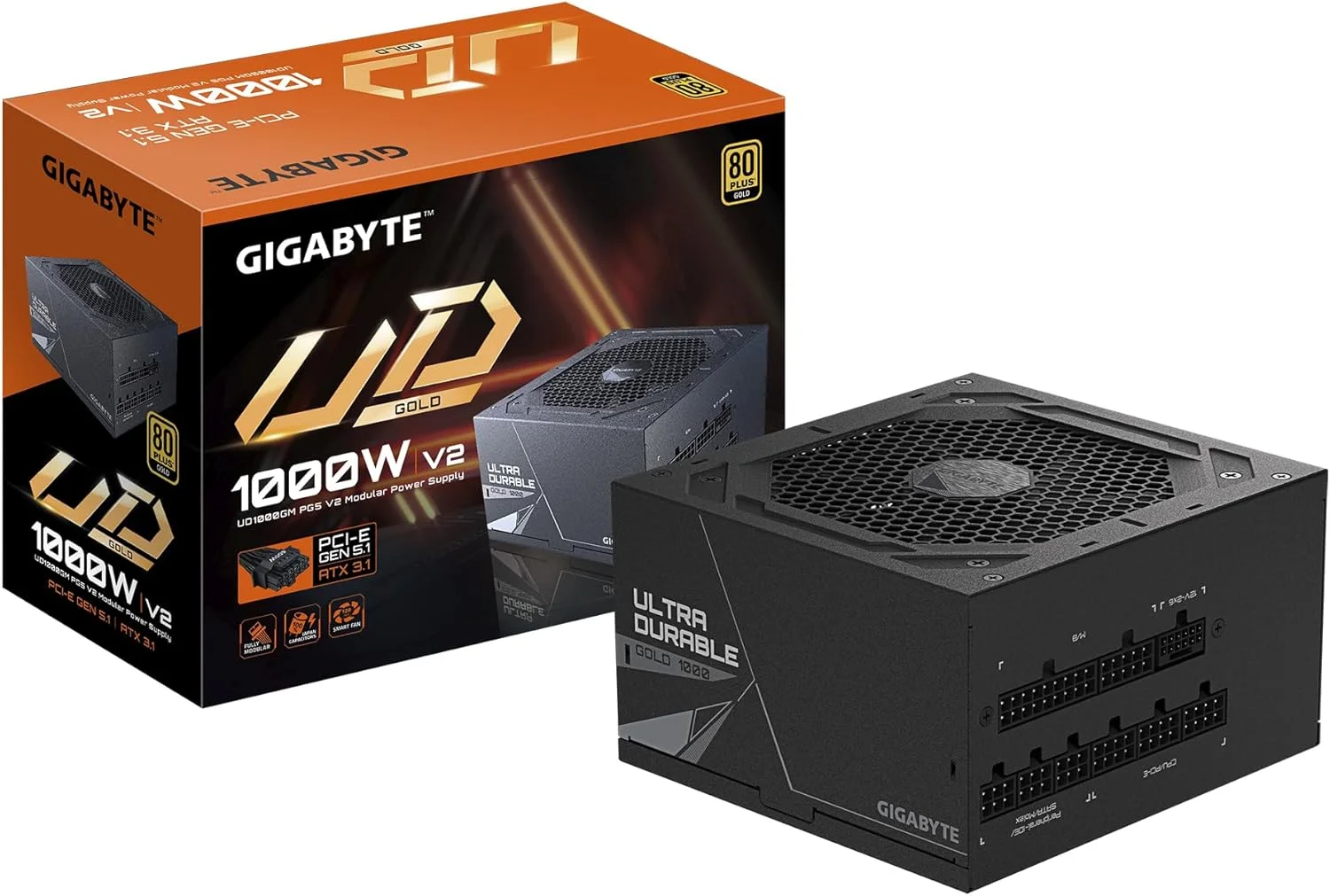 منبع تغذیه گیگابایت مدل UD1000GM PG5 V2 - PCIe Gen 5.1، دارای گواهینامه 80 PLUS Gold، طراحی کاملاً ماژولار، فن 120 میلی‌متری، سازگار با ATX 3.1، دوشاخه UK
