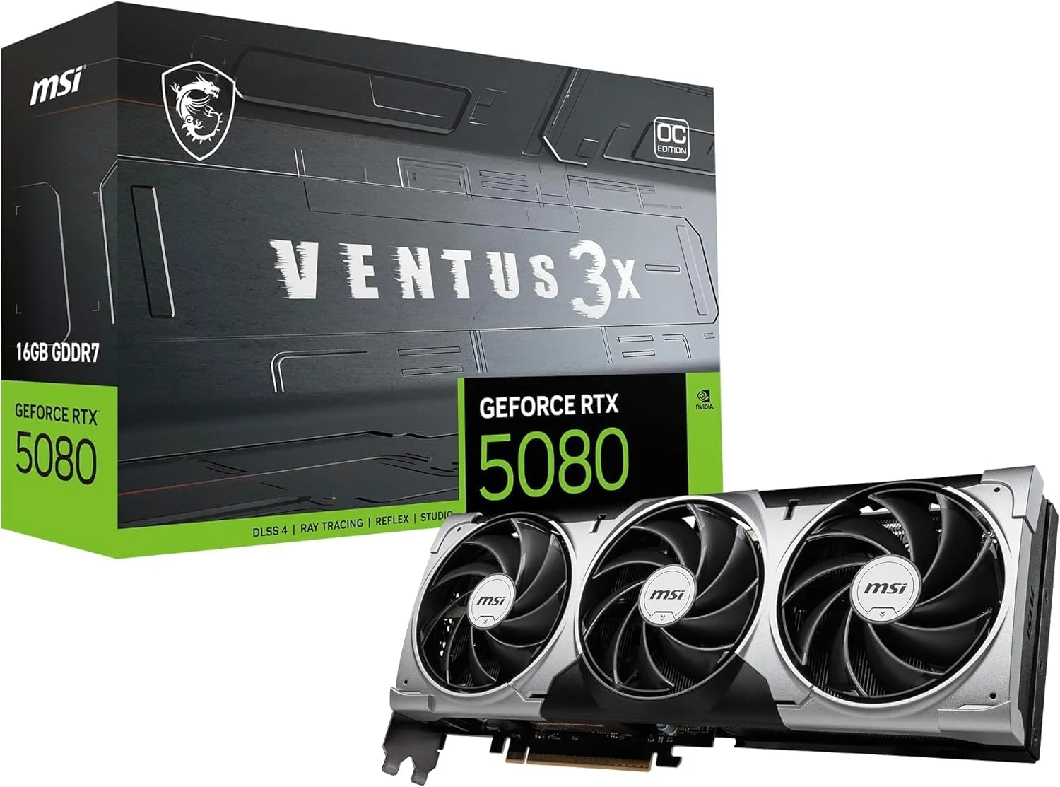 MSI GeForce RTX 5080 16G Ventus 3X OC — 16 گیگابایت GDDR7 (30Gbps/256-bit)، PCIe 5، بوست: 2640MHz، HDMI 2.1b، DisplayPort 2.1b MSI GeForce RTX 5080 16G Ventus 3X OC — 16 گیگابایت GDDR7 (30Gbps/256-bit)، PCIe 5، بوست: 2640MHz، HDMI 2.1b، DisplayPort 2.1b