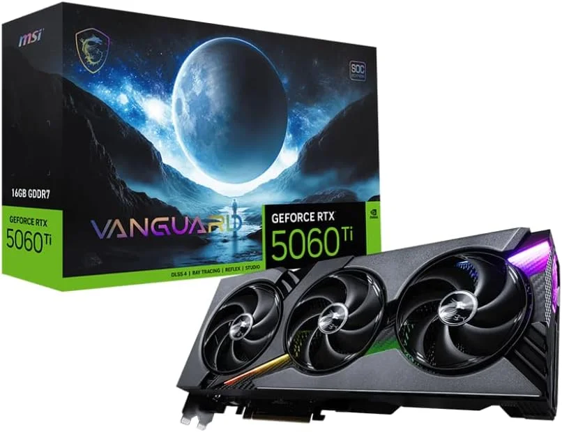 کارت گرافیک MSI GeForce RTX 5060 Ti 16G Vanguard SOC - پردازنده گرافیکی NVIDIA GeForce RTX 5060 Ti، حافظه 16 گیگابایتی GDDR7 128 بیتی، 28 گیگابیت بر ثانیه، رابط PCI Express Gen 5 x16، تا 2692 مگاهرتز، فن STORMFORCE کارت گرافیک MSI GeForce RTX 5060 Ti 16G Vanguard SOC - پردازنده گرافیکی NVIDIA GeForce RTX 5060 Ti، حافظه 16 گیگابایتی GDDR7 128 بیتی، 28 گیگابیت بر ثانیه، رابط PCI Express Gen 5 x16، تا 2692 مگاهرتز، فن STORMFORCE