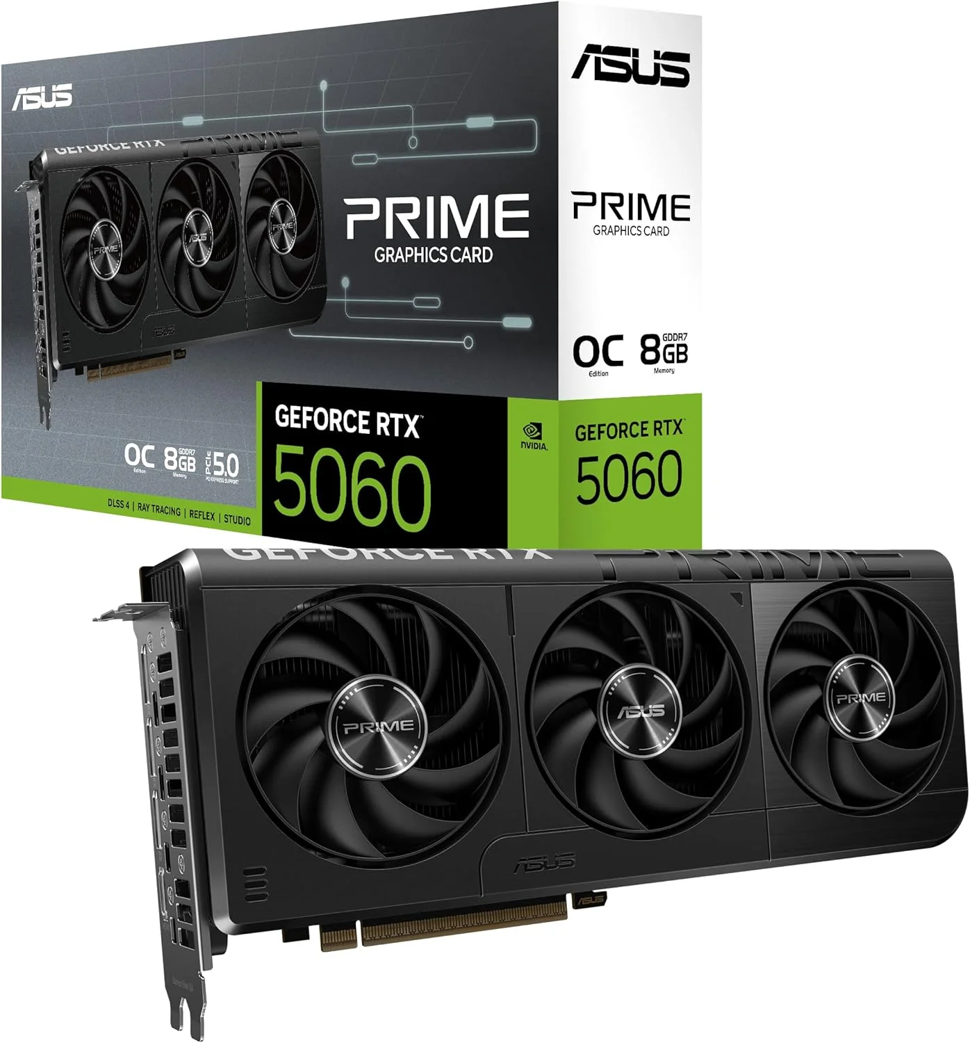 کارت گرافیک ایسوس Prime GeForce RTX 5060 با 8 گیگابایت حافظه GDDR7 OC Edition (PCIe® 5.0, 8GB GDDR7, HDMI®/DP 2.1, 2.5-اسلات, فن های Axial-tech, Dual BIOS)