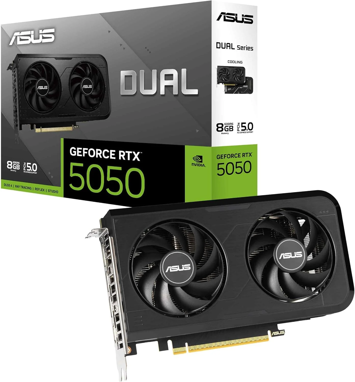 کارت گرافیک ایسوس Dual GeForce RTX™ 5050 با 8 گیگابایت حافظه GDDR6 (PCIe 5.0, 8GB GDDR6, DLSS 4, HDMI 2.1b, DisplayPort 2.1b, طراحی فن Axial Technology, تکنولوژی 0dB, بایوس دوگانه و موارد دیگر)