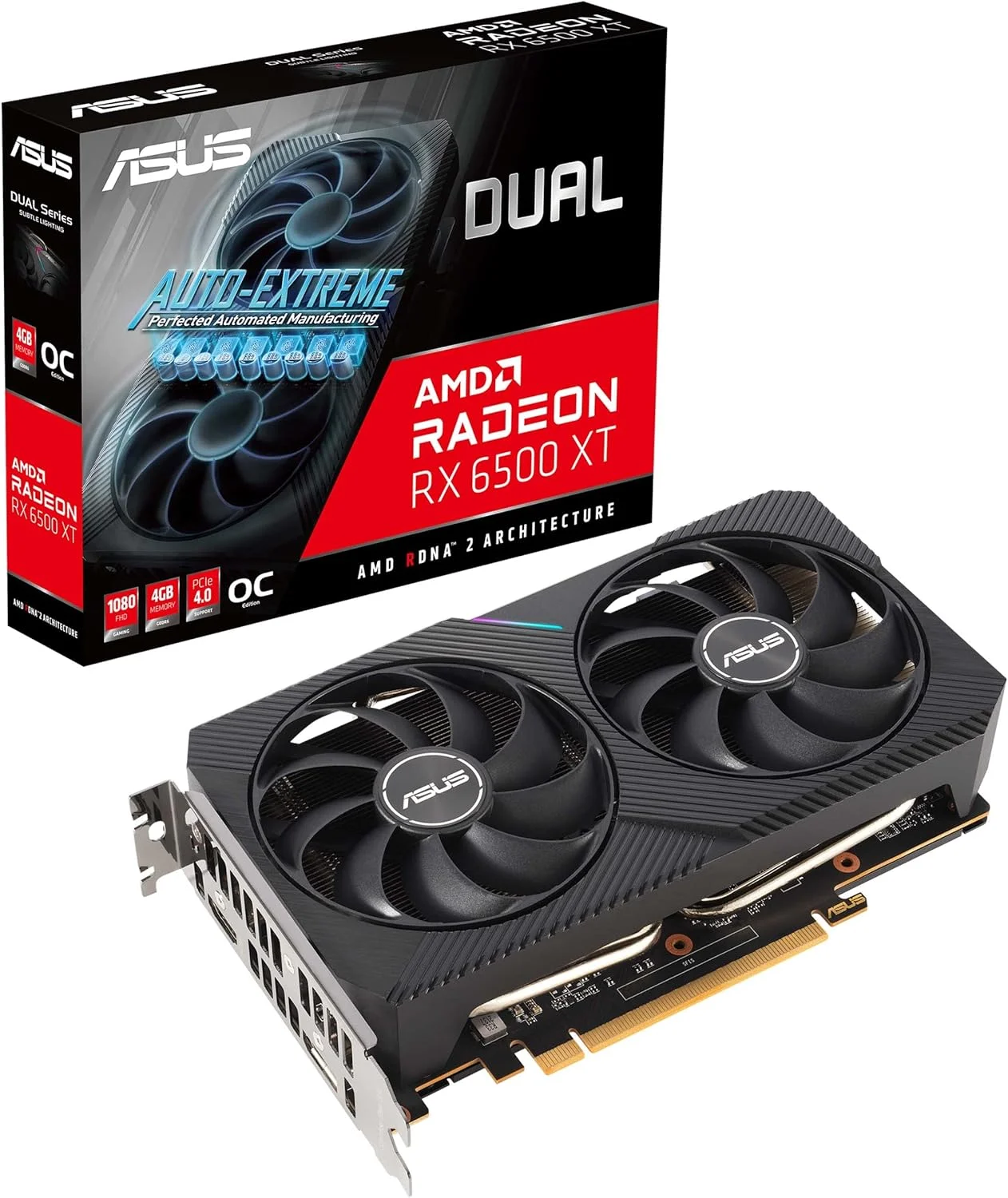 کارت گرافیک ایسوس Dual AMD Radeon RX 6500 XT OC Edition (4GB GDDR6, PCIe 4.0, 1x HDMI 2.1, 1x DisplayPort 1.4a, DUAL-RX6500XT-O4G)