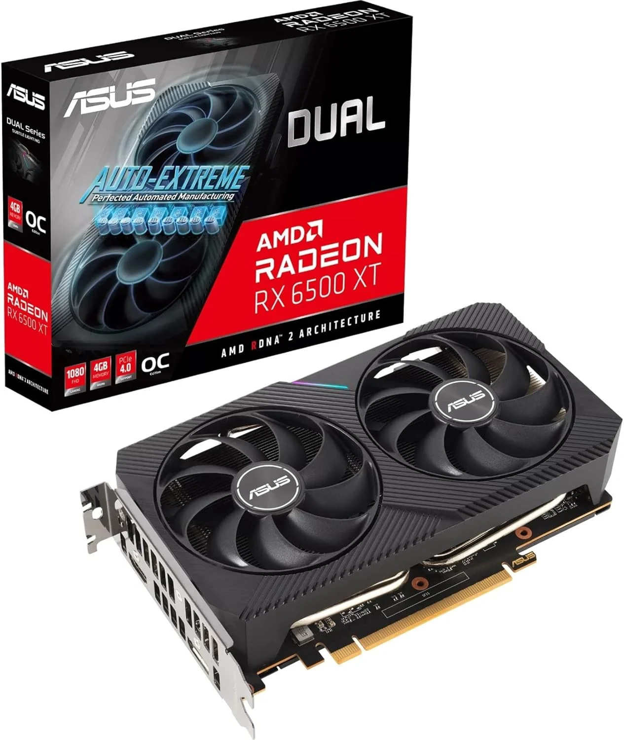 کارت گرافیک گیمینگ ایسوس Dual AMD Radeon RX 6500 XT OC Edition با 4 گیگابایت حافظه GDDR6 (AMD RDNA 2, PCIe 4.0, 4GB GDDR6 Memory, HDMI 2.1, DisplayPort 1.4a, طراحی فن Axial-tech, تکنولوژی 0dB)