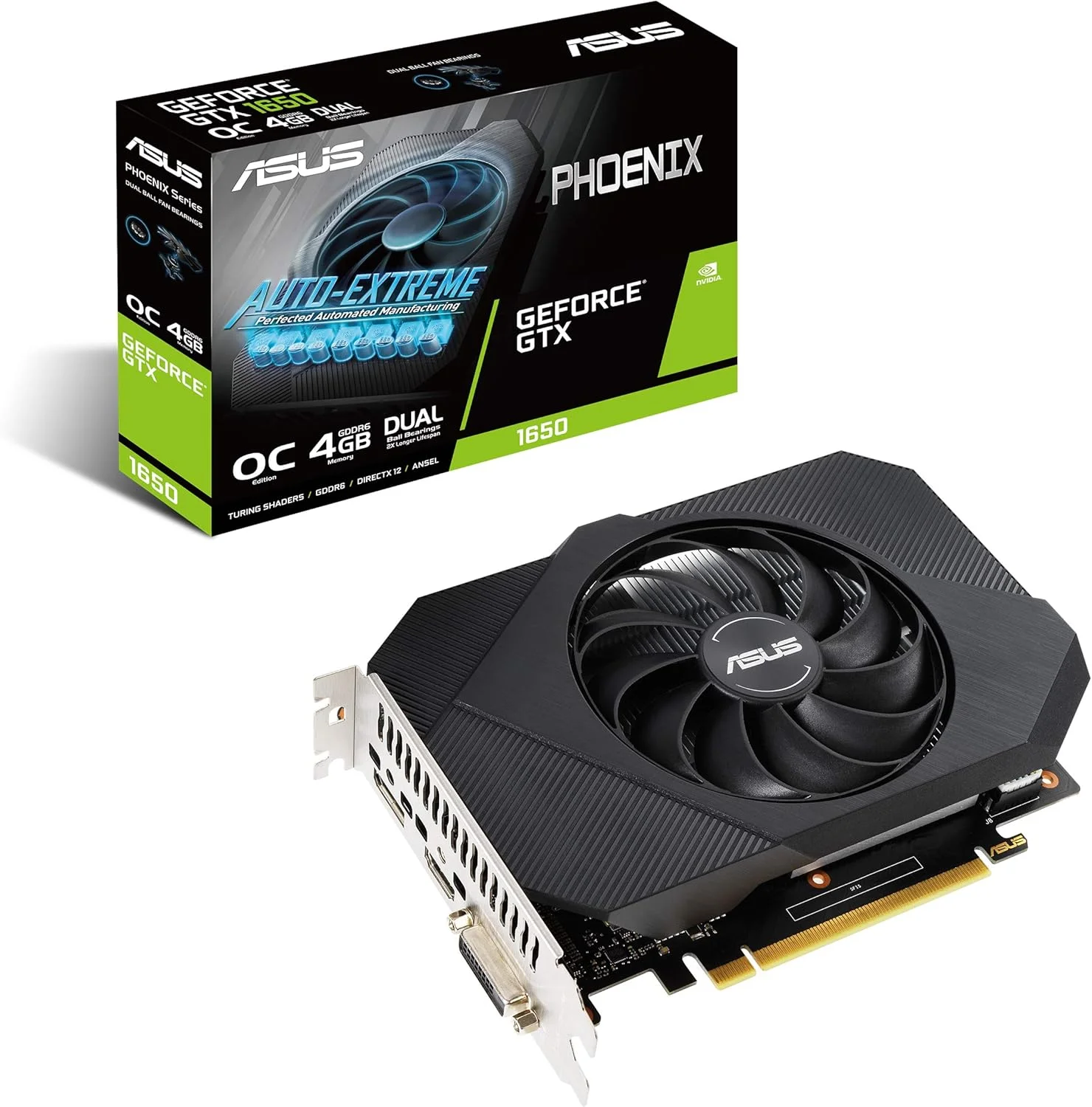 کارت گرافیک ایسوس Phoenix NVIDIA GeForce GTX 1650 OC Edition (PCIe 3.0، حافظه 4GB GDDR6، HDMI، DisplayPort، DVI-D، طراحی فن Axial-tech)