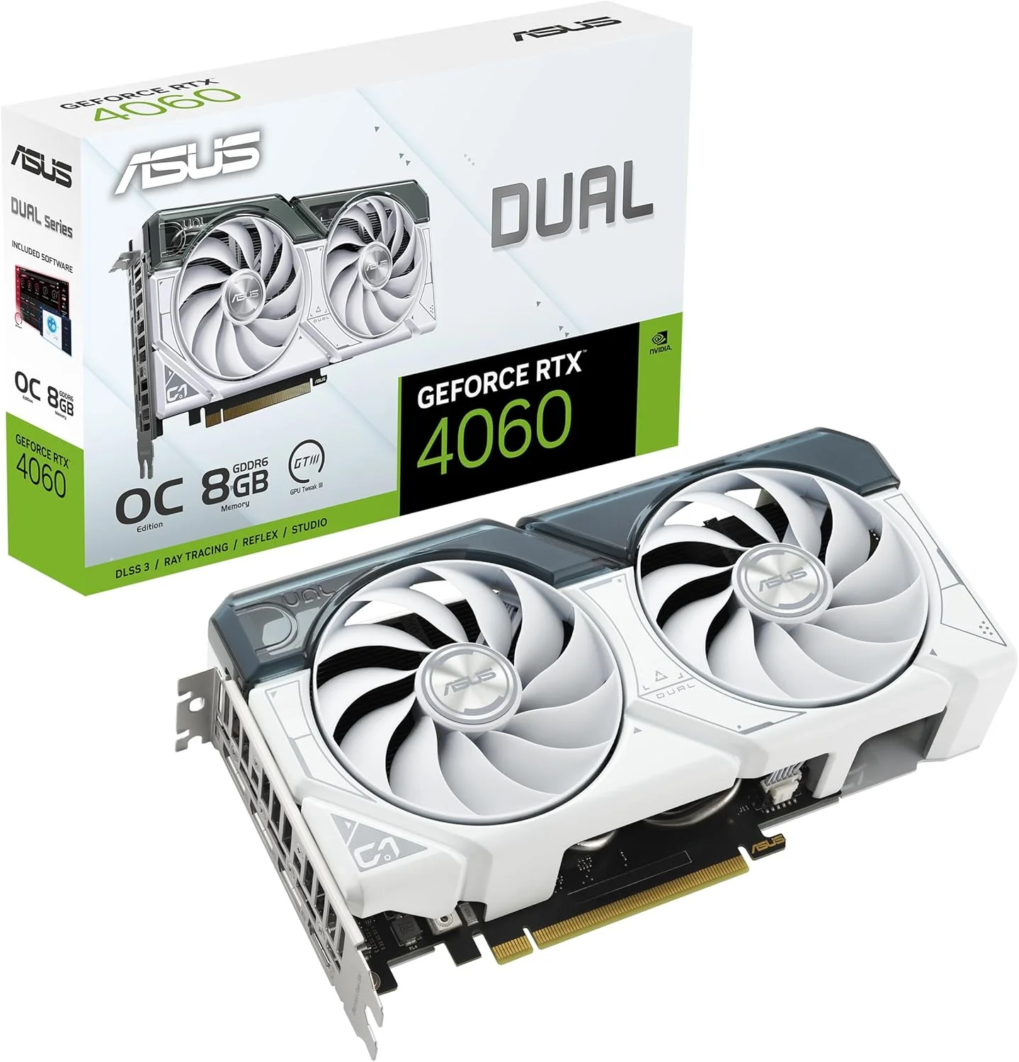 کارت گرافیک ایسوس Dual GeForce RTX™ 4060 OC White Edition با 8 گیگابایت حافظه GDDR6 (PCIe 4.0, 8GB GDDR6, DLSS 3, HDMI 2.1a, DisplayPort 1.4a, طراحی 2.5 اسلات, طراحی فن Axial-tech, تکنولوژی 0dB و موارد دیگر)