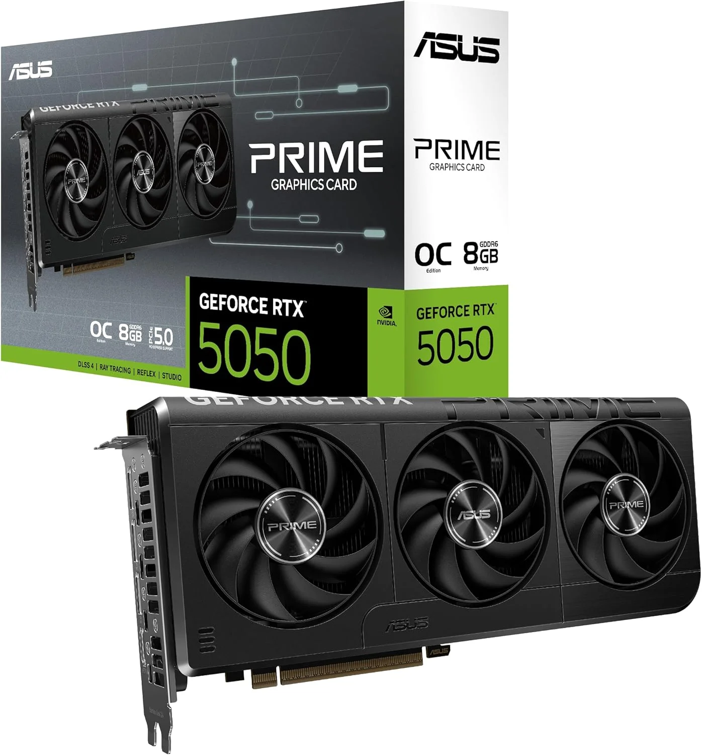 کارت گرافیک ایسوس Prime GeForce RTX 5050 با 8 گیگابایت حافظه GDDR6 OC Edition (PCIe® 5.0, 8GB GDDR6, HDMI®/DP 2.1, 2.5-Slot, فن های Axial-tech, بایوس دوگانه)