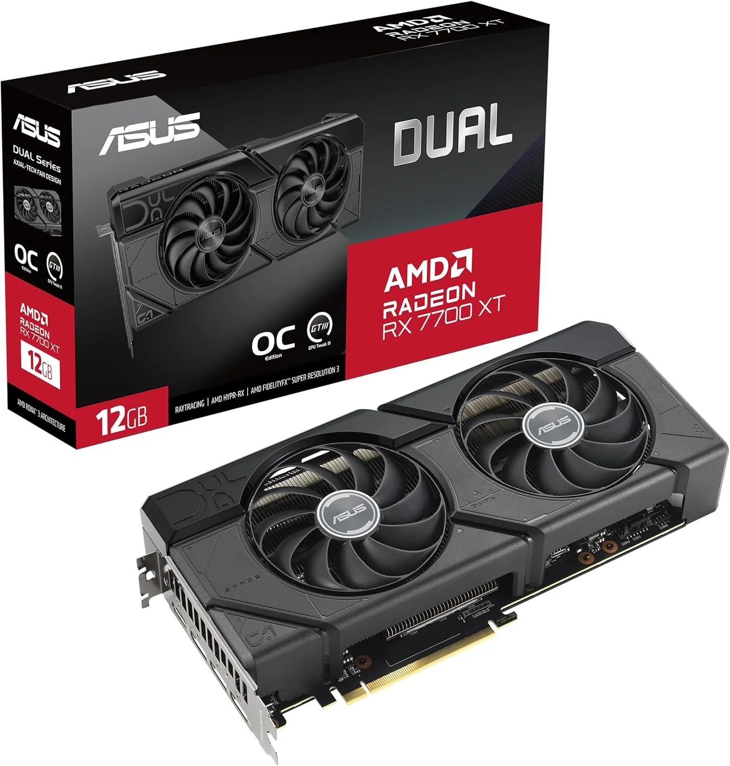 کارت گرافیک گیمینگ ایسوس Dual Radeon RX 7700 XT OC Edition با 12 گیگابایت حافظه GDDR6 (AMD Radeon RX7700XT، PCIe 4.0، 1x HDMI 2.1، 3x DisplayPort 2.1، DUAL-RX7700XT-O12G، مشکی)