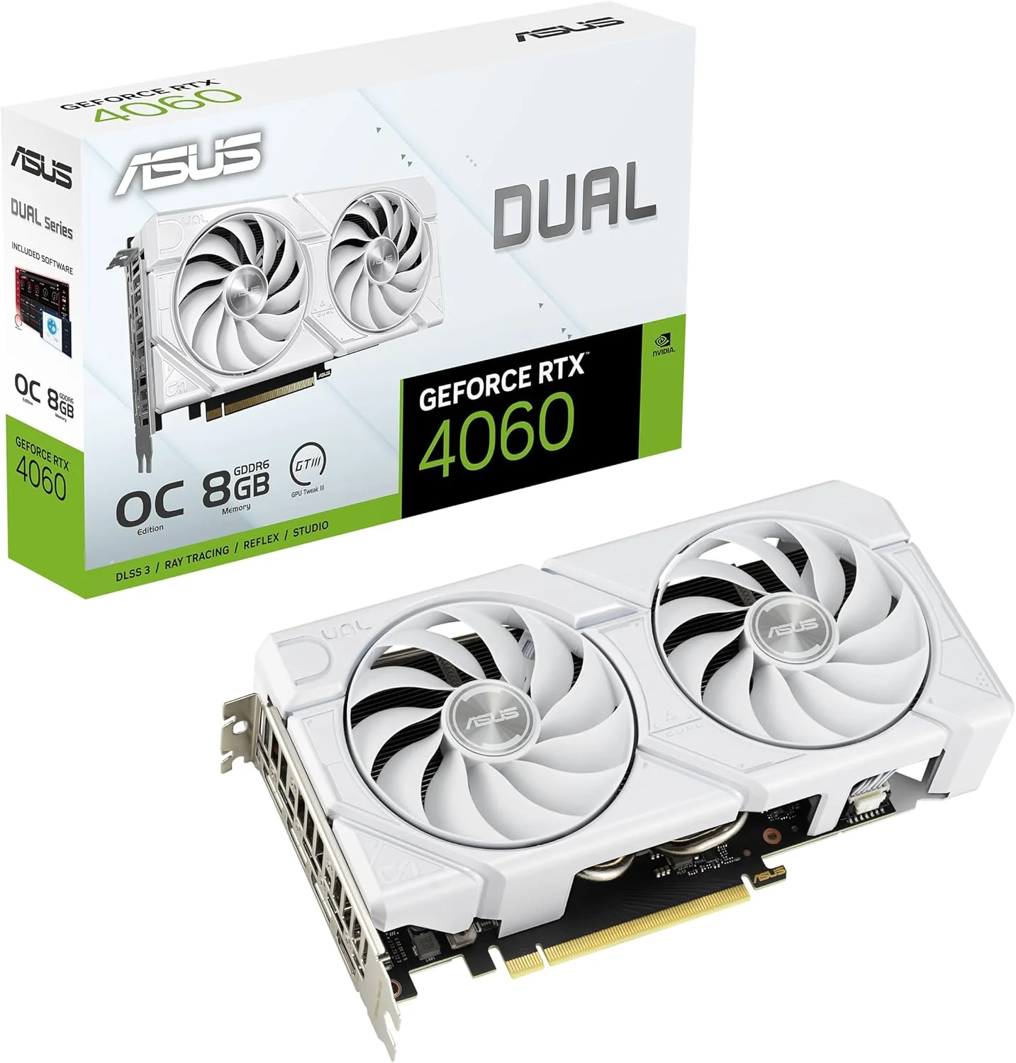 کارت گرافیک ایسوس Dual GeForce RTX™ 4060 EVO White OC Edition با 8 گیگابایت حافظه GDDR6 (PCIe 4.0, 8GB GDDR6, DLSS 3, HDMI 2.1a, DisplayPort 1.4a, طراحی فن Axial-tech، تکنولوژی 0dB، بایوس دوگانه، فناوری Auto-Extreme)