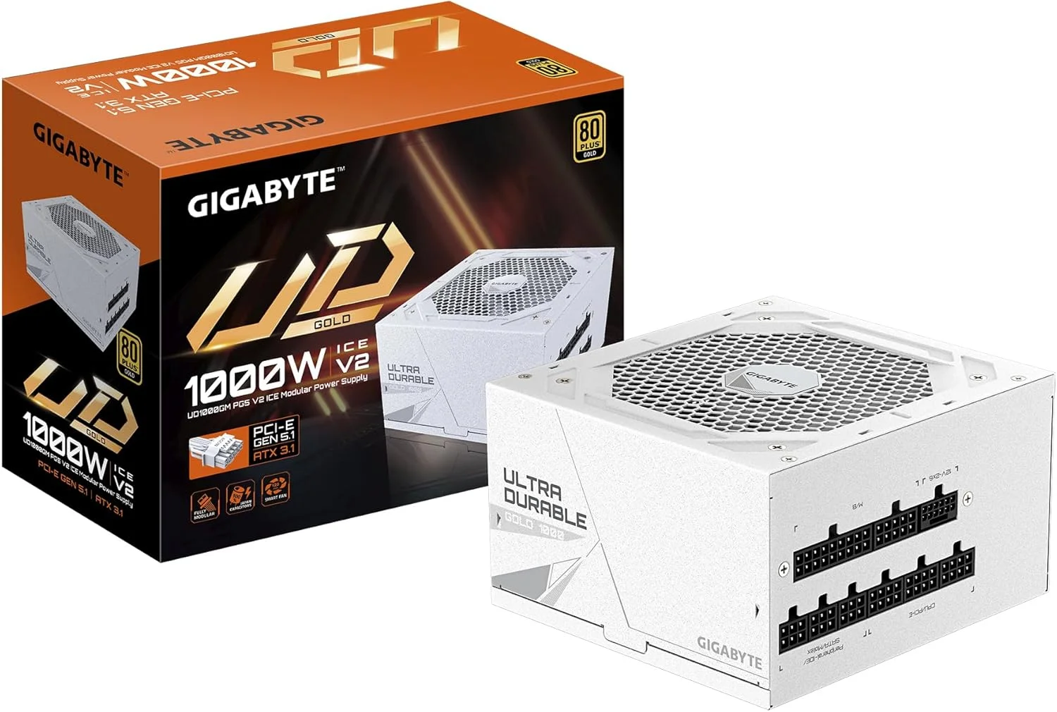 منبع تغذیه گیگابایت UD1000GM PG5 V2 ICE - PCIe Gen 5.1، 80 PLUS Gold، طراحی کاملاً ماژولار، فن 120 میلی متری، سازگار با ATX 3.1، دوشاخه UK