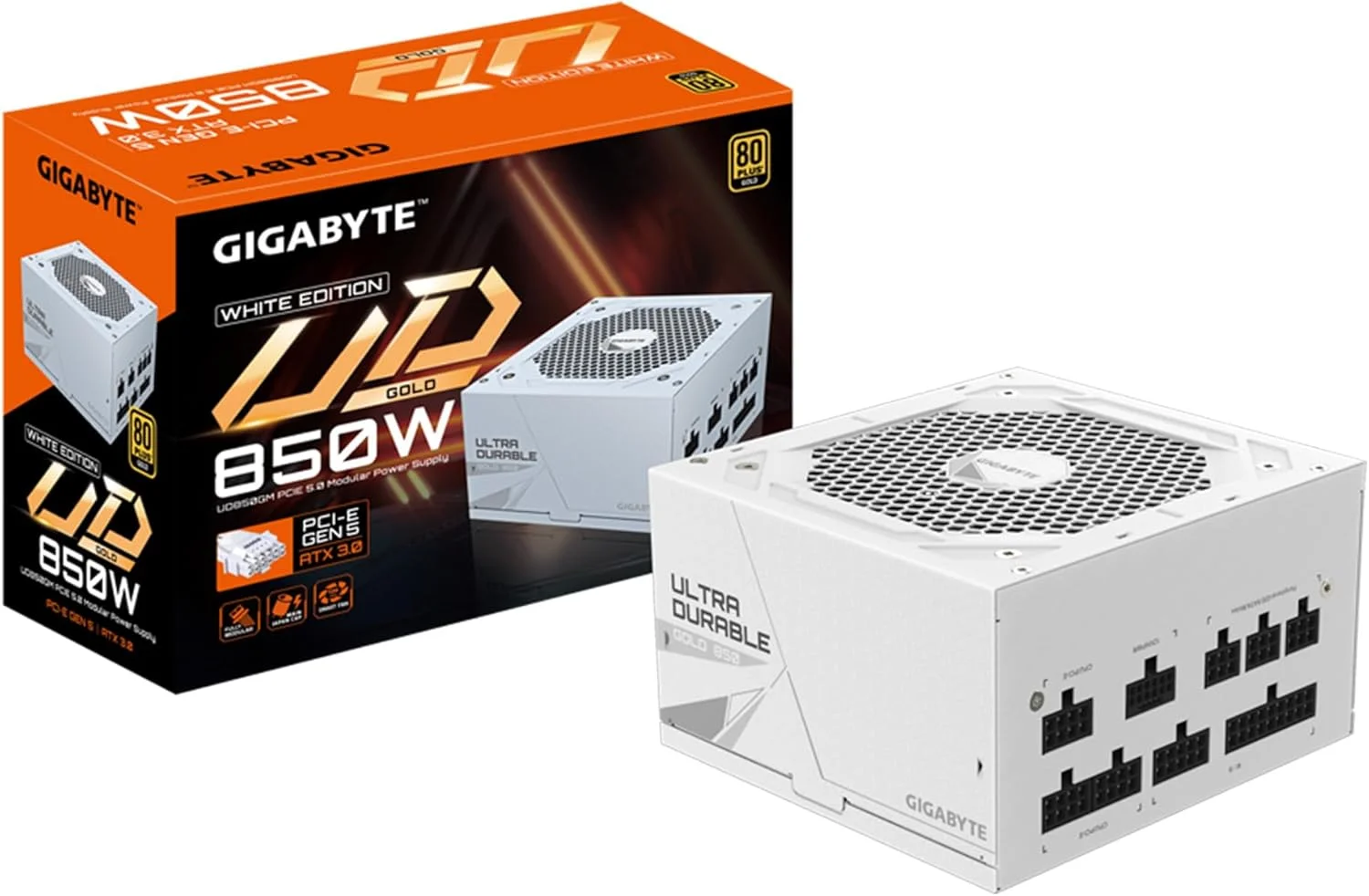 منبع تغذیه کامپیوتر گیگابایت GP-UD850GM PG5W PCIE 5 ATX 3.0 فول ماژولار مخصوص بازی - دارای گواهینامه 80 پلاس گلد 850 وات - خازن های ژاپنی - ATX PSU (سفید)