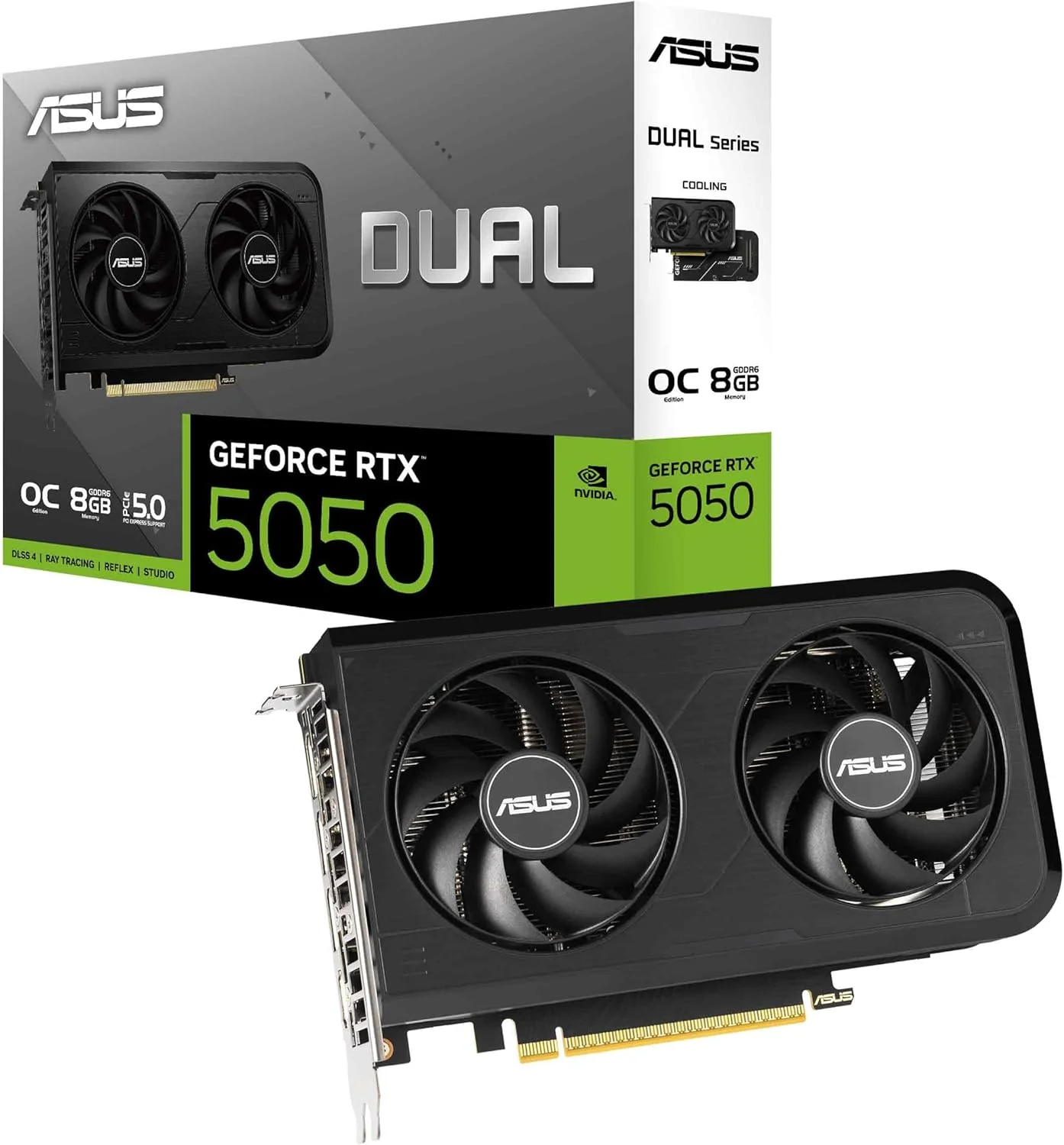 ایسوس Dual GeForce RTX™ 5050 با 8 گیگابایت حافظه GDDR6 OC Edition (PCIe 5.0, 8GB GDDR6, DLSS 4, HDMI 2.1b, DisplayPort 2.1b, 2-Slot, طراحی فن Axial-tech، تکنولوژی 0dB، بایوس دوگانه و موارد دیگر)