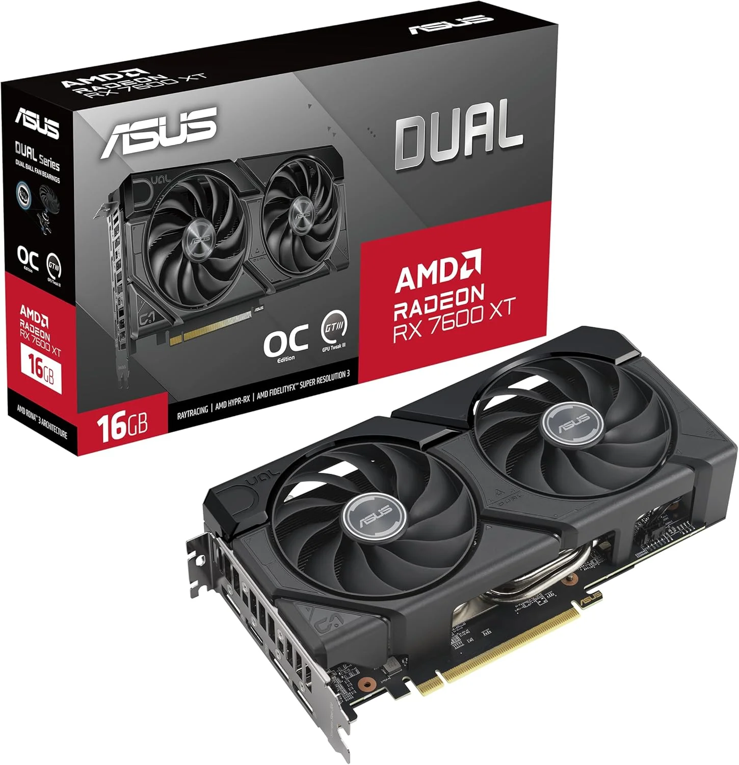 ایسوس Dual Radeon RX 7600 XT OC Edition با 16 گیگابایت حافظه GDDR6 (AMD RDNA 3, PCIe 4.0, HDMI 2.1, DisplayPort 2.1, طراحی فن Axial-tech، فناوری 0dB، بایوس دوگانه، فناوری Auto-Extreme، GPU Tweak III و موارد دیگر)