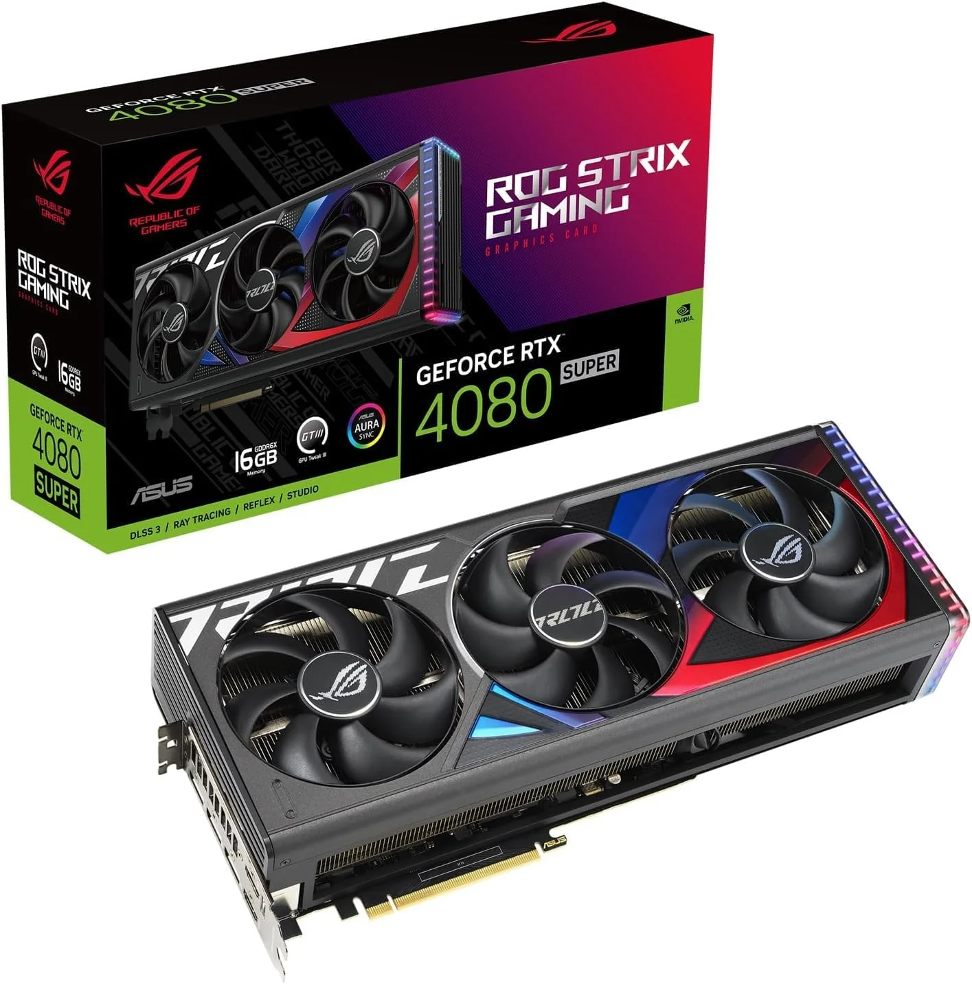کارت گرافیک ایسوس ROG Strix GeForce RTX 4080 Super Gaming (با 16 گیگابایت حافظه GDDR6X، PCIe 4.0، DLSS 3، HDMI 2.1a، DisplayPort 1.4a، Aura Sync RGB)