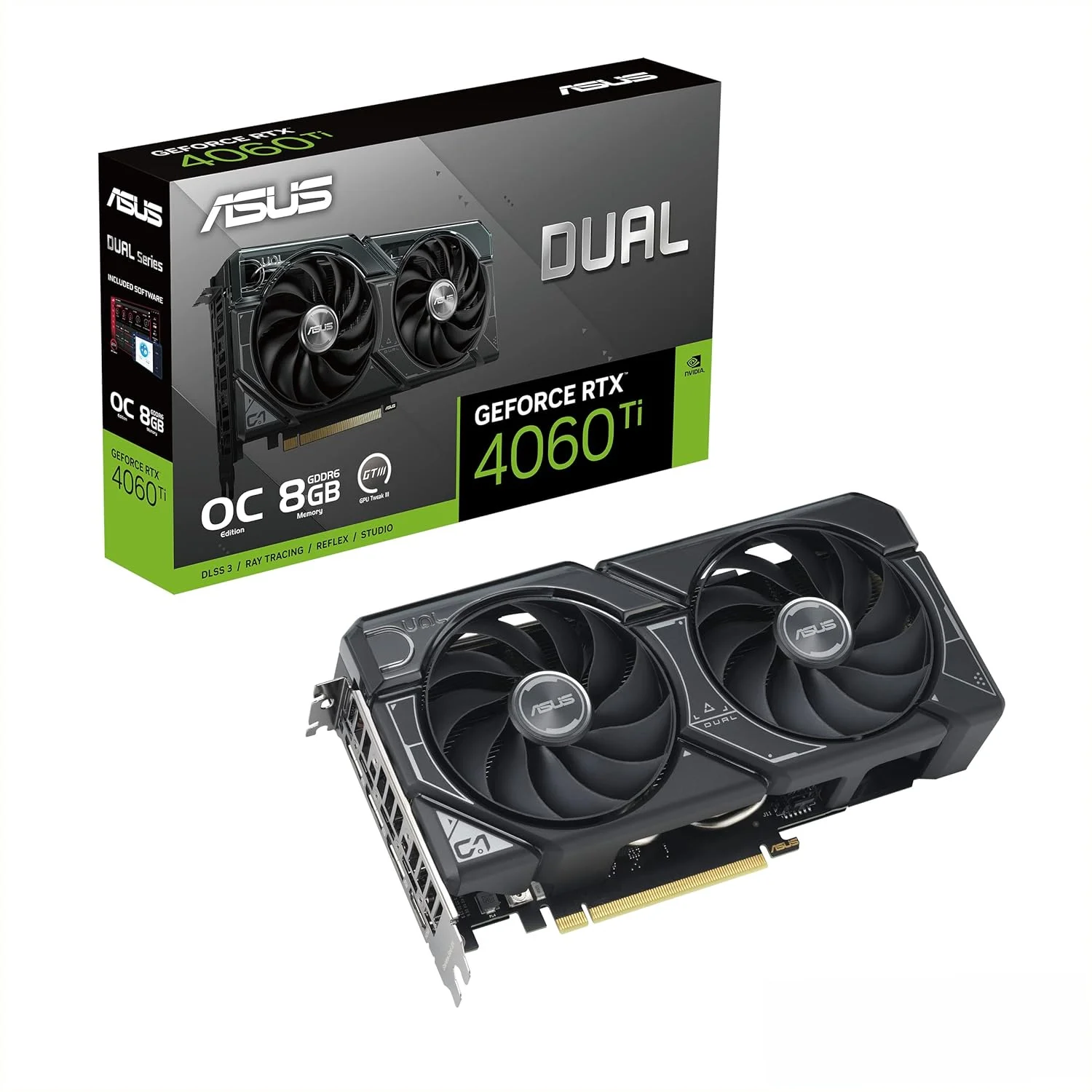 کارت گرافیک ایسوس Dual GeForce RTX™ 4060 Ti OC Edition با 8 گیگابایت حافظه GDDR6 (PCIe 4.0, 8GB GDDR6, DLSS 3, HDMI 2.1, DisplayPort 1.4a, طراحی فن Axial-tech, تکنولوژی 0dB و موارد دیگر)