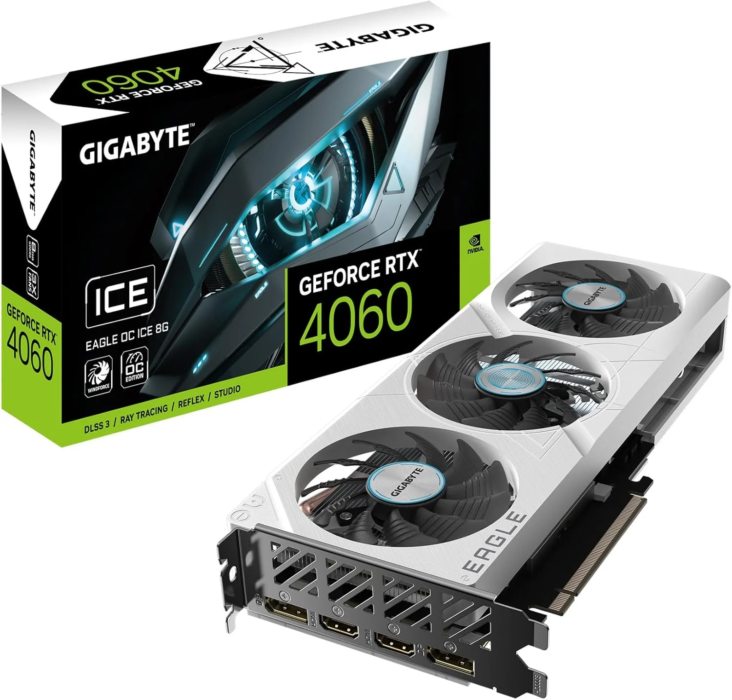 کارت گرافیک GIGABYTE GeForce RTX 4060 Eagle OC ICE 8G، سه فن WINDFORCE، حافظه 8 گیگابایتی GDDR6 128 بیتی، کارت ویدیویی GV-N4060EAGLEOC ICE-8GD کارت گرافیک GIGABYTE GeForce RTX 4060 Eagle OC ICE 8G، سه فن WINDFORCE، حافظه 8 گیگابایتی GDDR6 128 بیتی، کارت ویدیویی GV-N4060EAGLEOC ICE-8GD