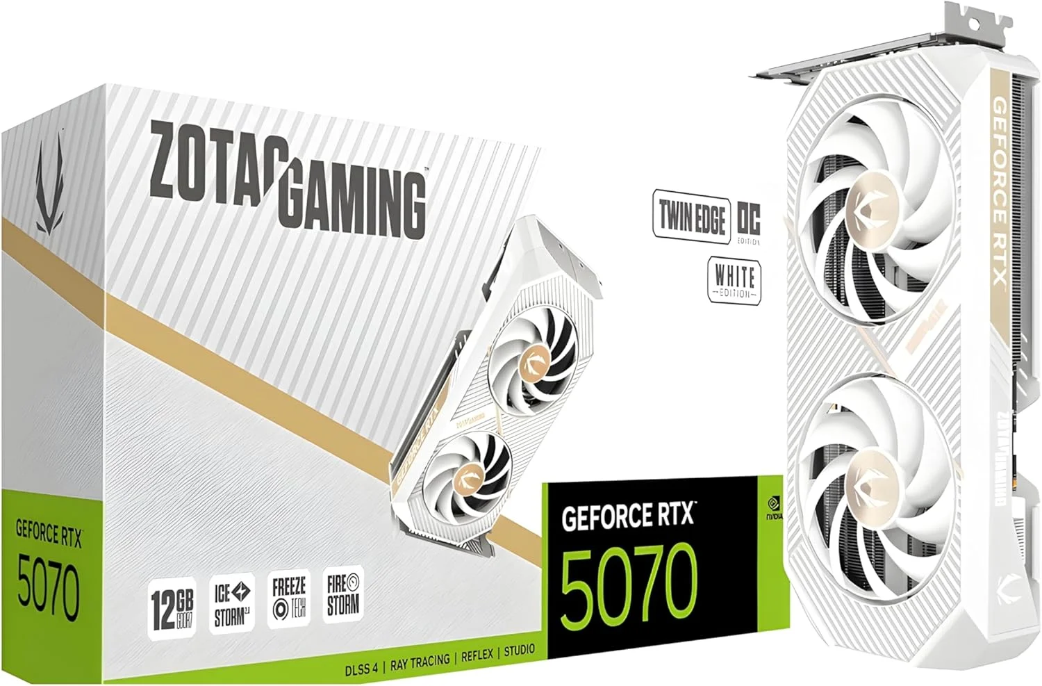کارت گرافیک ZOTAC Gaming GeForce RTX 5070 Twin Edge OC - سفید | 12 گیگابایت | DLSS 4 | GDDR7 | 192 بیت | خنک کننده پیشرفته IceStorm 2.0 | ZT-B50700Q-10P