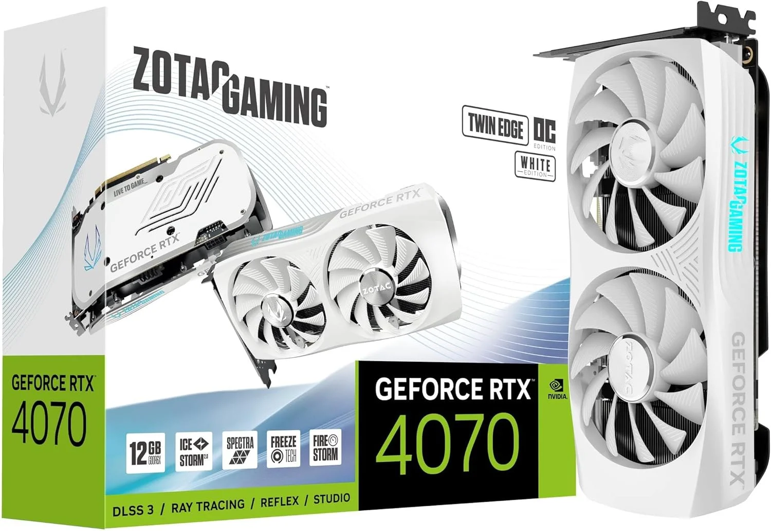 کارت گرافیک گیمینگ ZOTAC Gaming GeForce RTX 4070 Twin Edge OC White Edition DLSS 3 با حافظه 12GB GDDR6X 192-bit 21 Gbps PCIE 4.0، خنک کننده پیشرفته IceStorm 2.0، نورپردازی Spectra RGB، ZT-D40700Q-10M