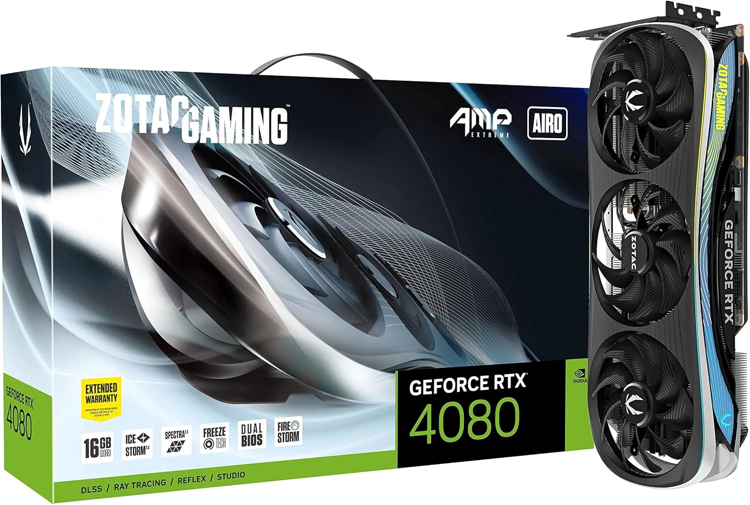 کارت گرافیک Zotac Gaming GeForce RTX 4080 16GB AMP Extreme AIRO GDDR6X 256-bit 22.4 Gbps PCIE 4.0، خنک کننده پیشرفته IceStorm 2.0، نورپردازی Spectra 2.0 RGB، ZT-D40810B-10P