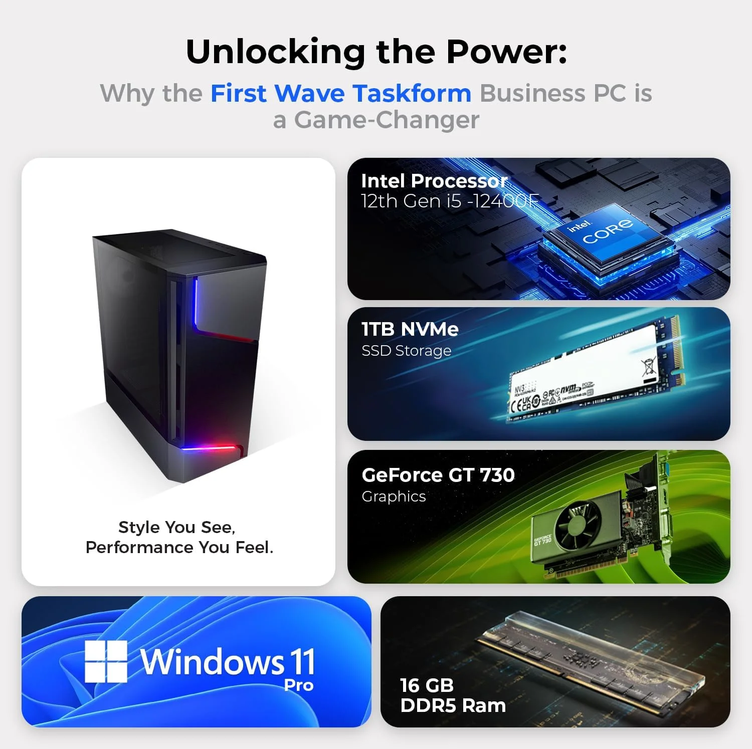 کامپیوتر رومیزی تجاری فرست ویو Taskform – پردازنده نسل دوازدهم Intel Core i5-12400F، رم 16 گیگابایت DDR5، حافظه اس اس دی 1 ترابایت NVMe، کارت گرافیک NVIDIA GT 730 4GB، وای فای، ویندوز 11 پرو، کامپیوتر اداری و ایستگاه کاری